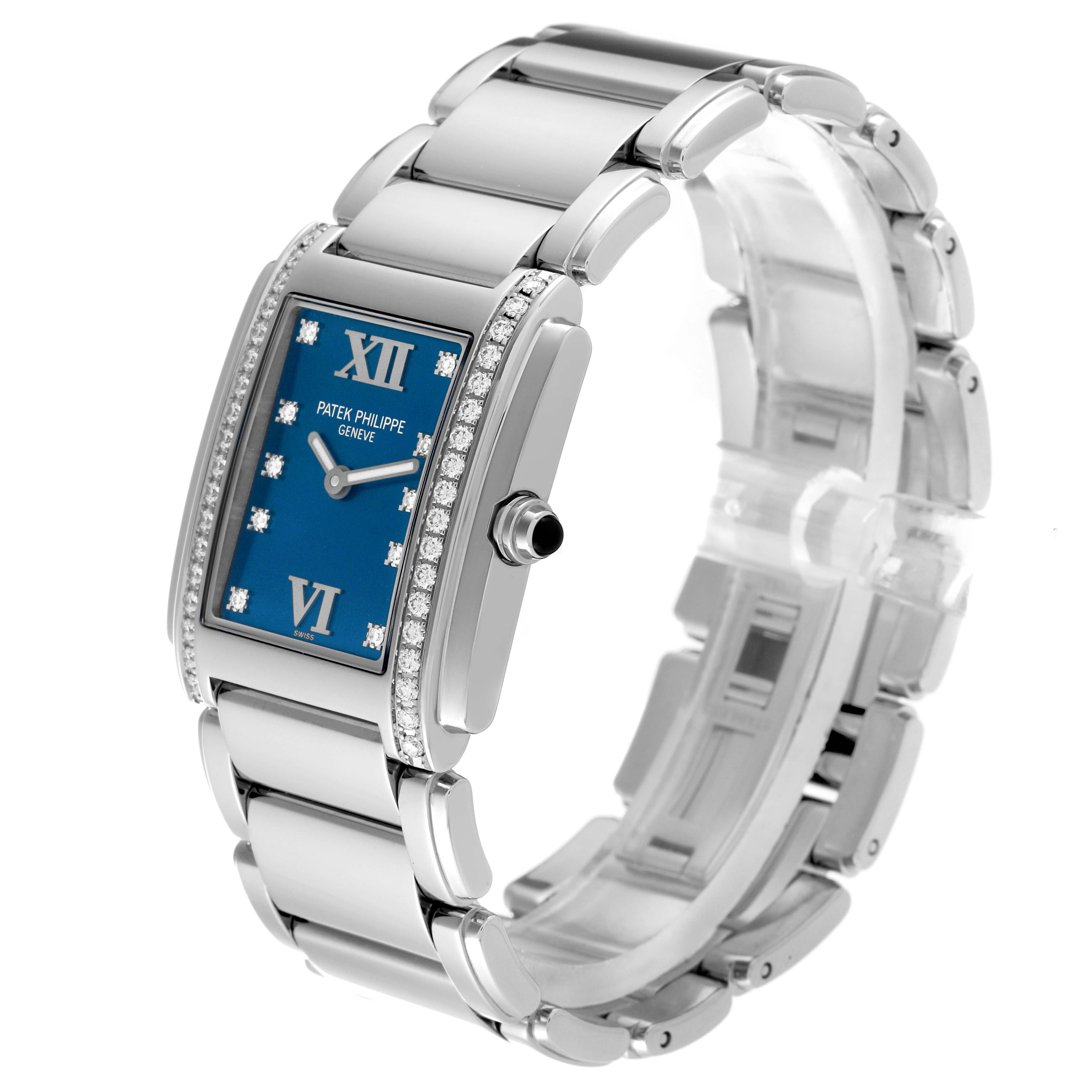 This image shows a Patek Philippe Twenty-4 4910/10A-012 Women's Stainless Steel Blue Dial 4910/10A-012 Women's Stainless Steel Blue Dial watch from an angled front view, highlighting the blue dial, diamond bezel, and metal bracelet.
