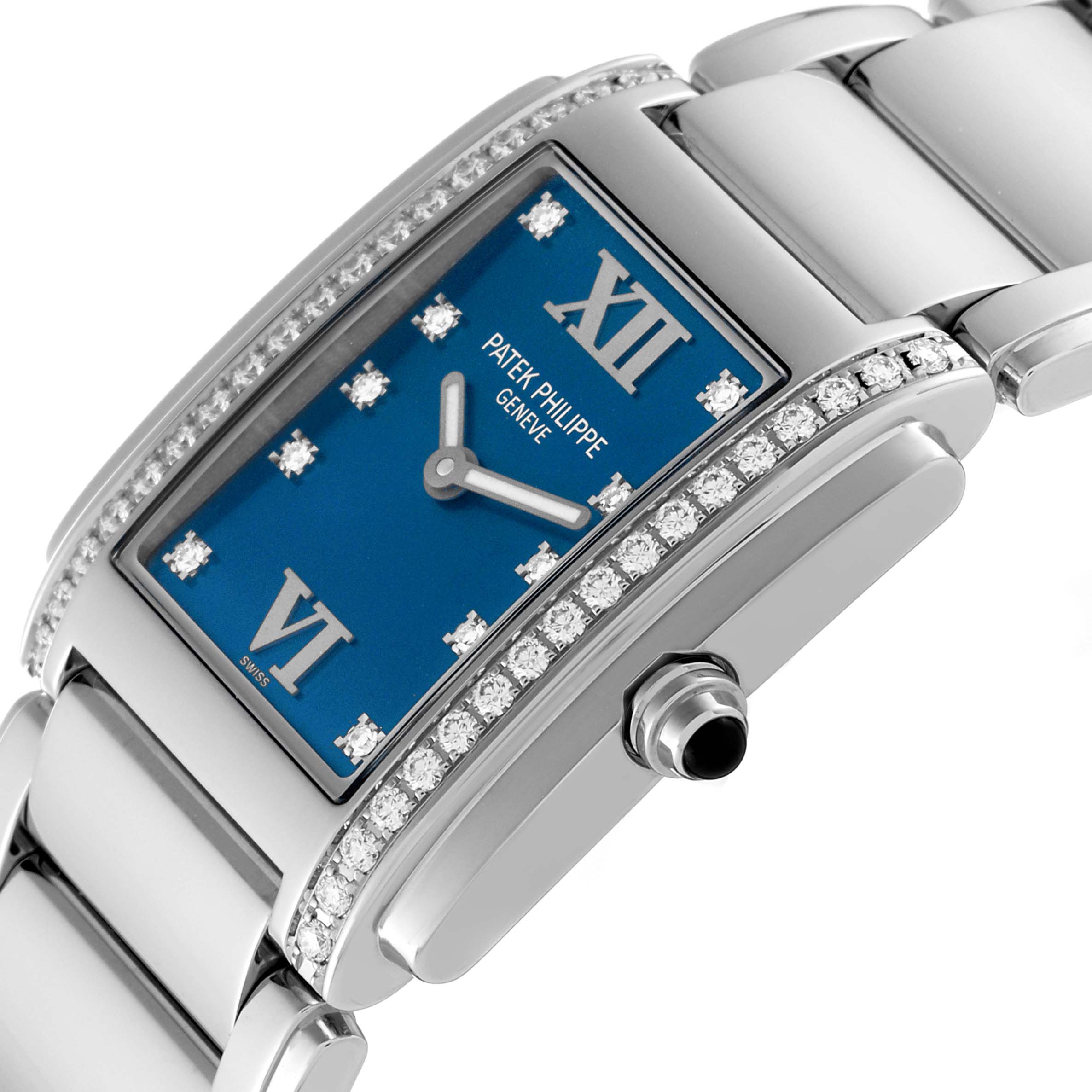 This image of a Patek Philippe Twenty-4 4910/10A-012 Women's Stainless Steel Blue Dial 4910/10A-012 Women's Stainless Steel Blue Dial watch shows a close-up of the face, bezel, and part of the bracelet at an angled view.