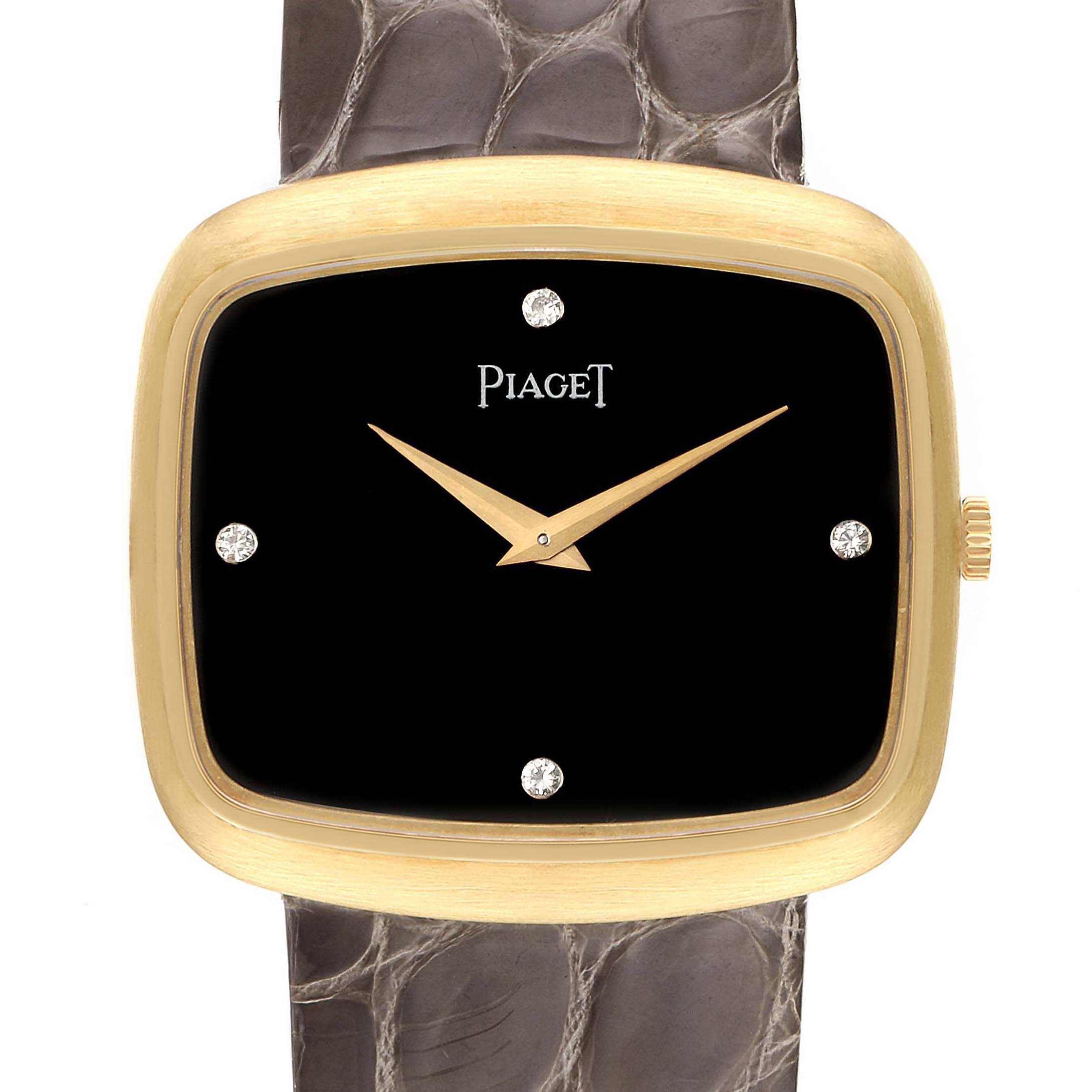 Piaget 18K Yellow Gold Black Diamond Dial Grey Strap Mens Watch