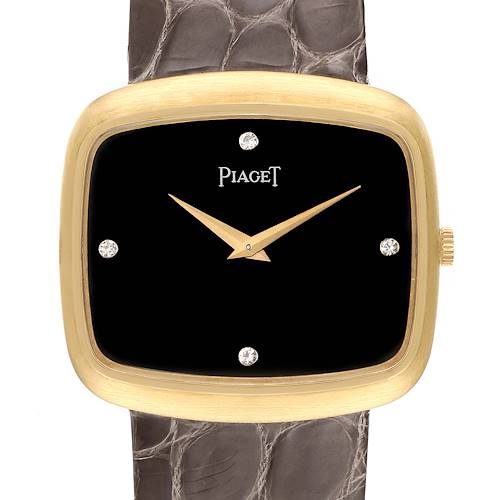 Photo of Piaget 18K Yellow Gold Black Diamond Dial Grey Strap Mens Watch 9751