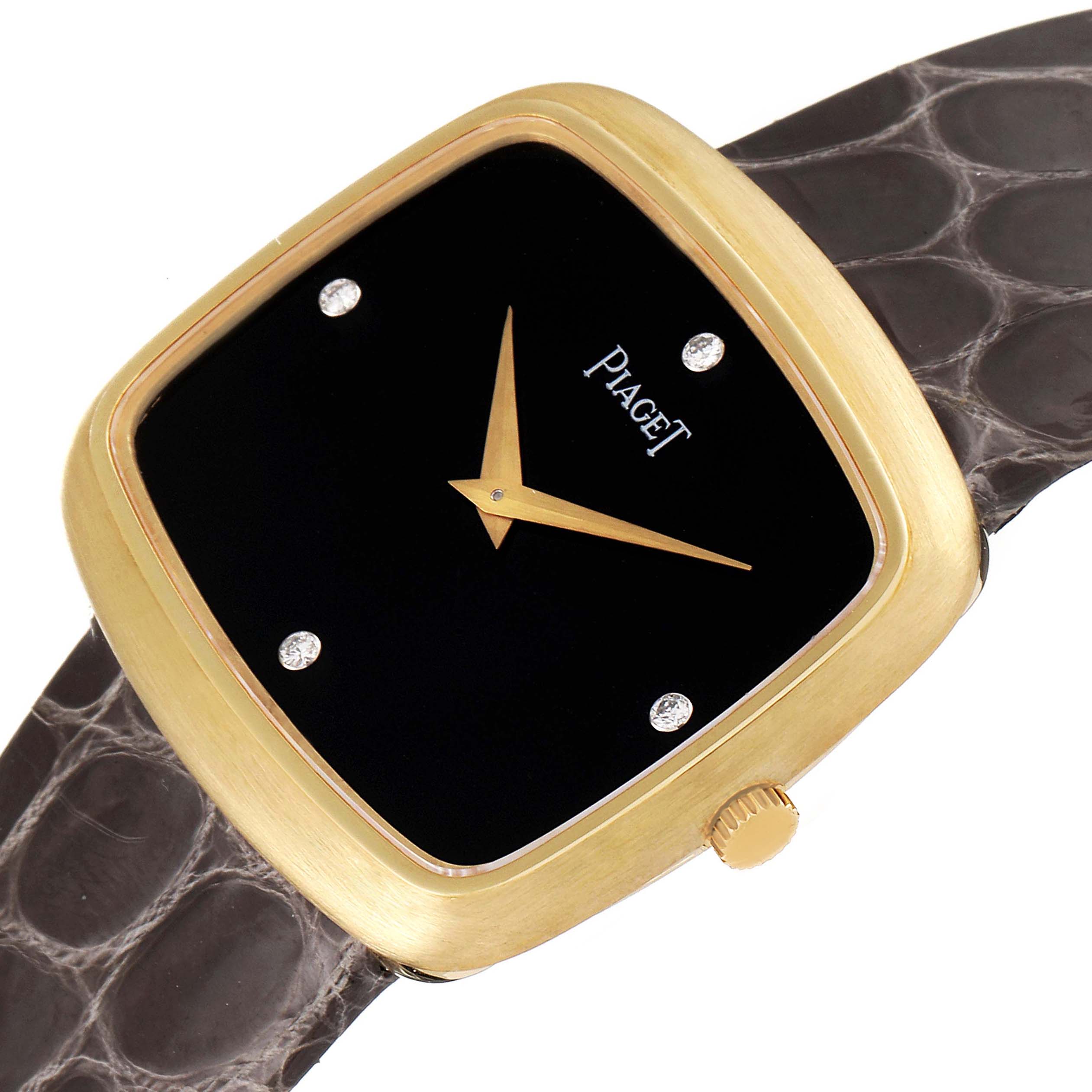 The image shows the dial, case, crown, and strap of the Piaget 9751 Men's Yellow Gold Black Dial 9751 Men's Yellow Gold Black Dial 9751 model, an 18K yellow gold watch with a black diamond dial and grey strap.