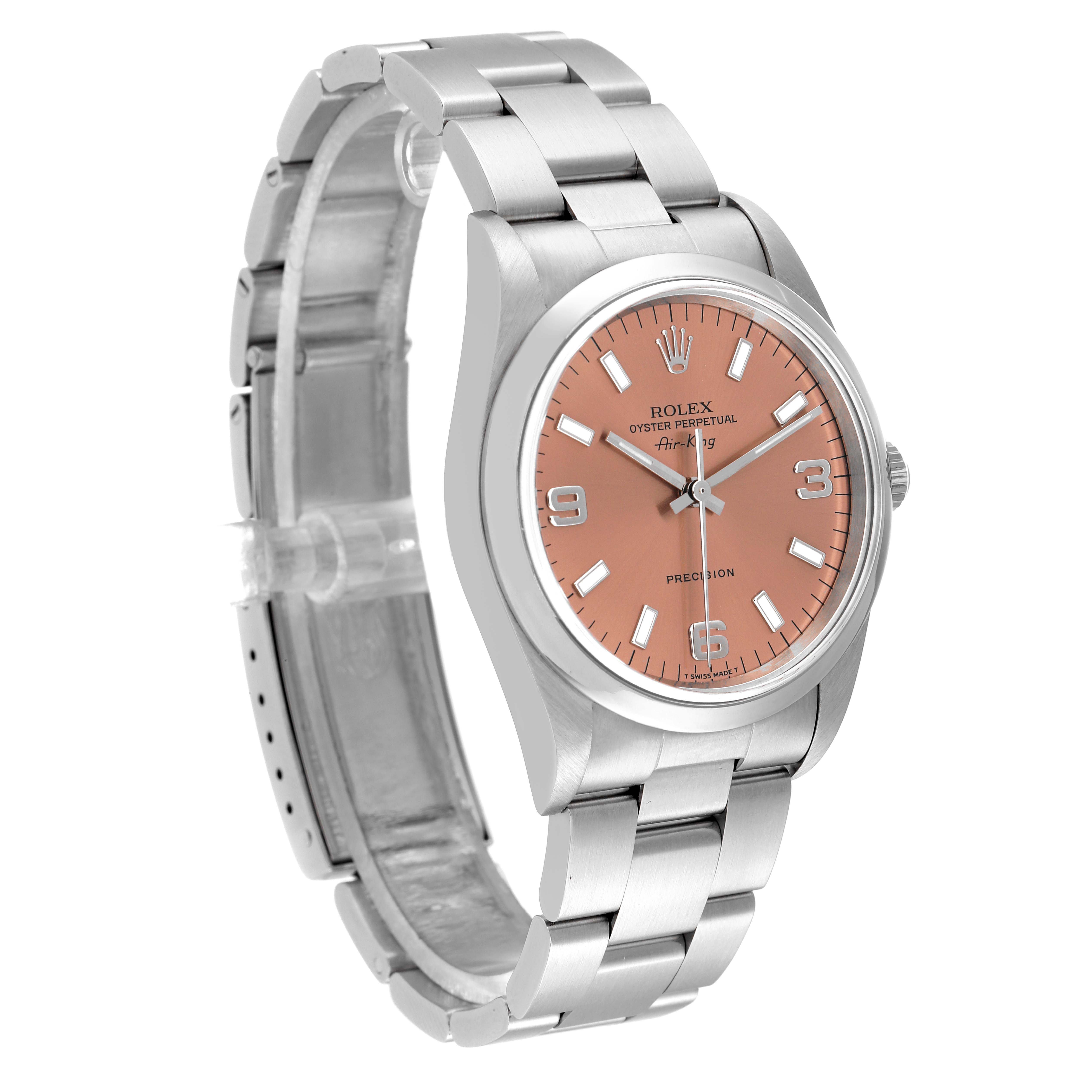 The image shows a Rolex Air-King 14000 Men's Stainless Steel Pink Dial 14000 Men's Stainless Steel Pink Dial watch from a front angle, displaying its salmon-colored dial and stainless steel bracelet.