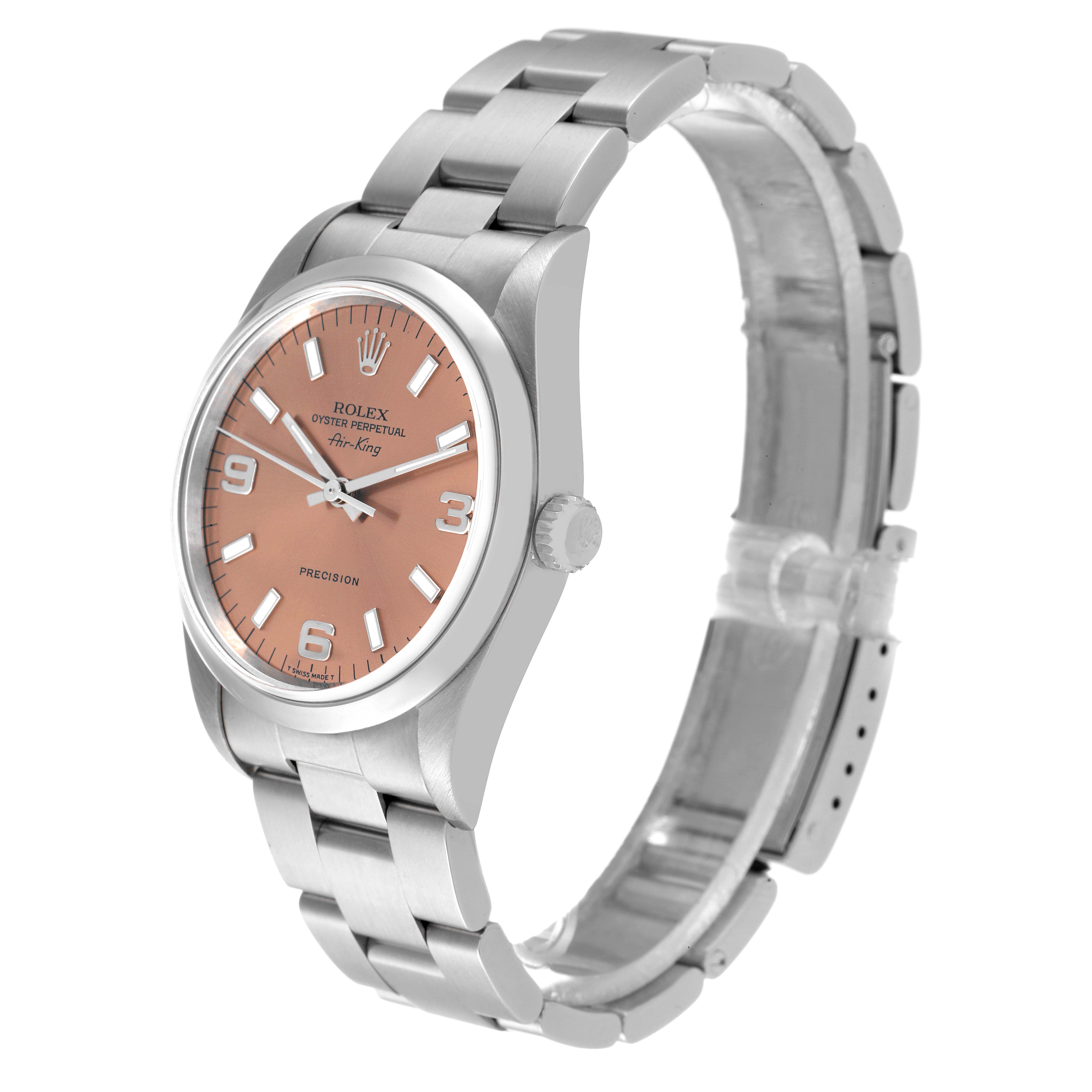 The image shows a Rolex Air-King 14000 Men's Stainless Steel Pink Dial 14000 Men's Stainless Steel Pink Dial watch at a slight angle, highlighting its face, bezel, and stainless steel bracelet.