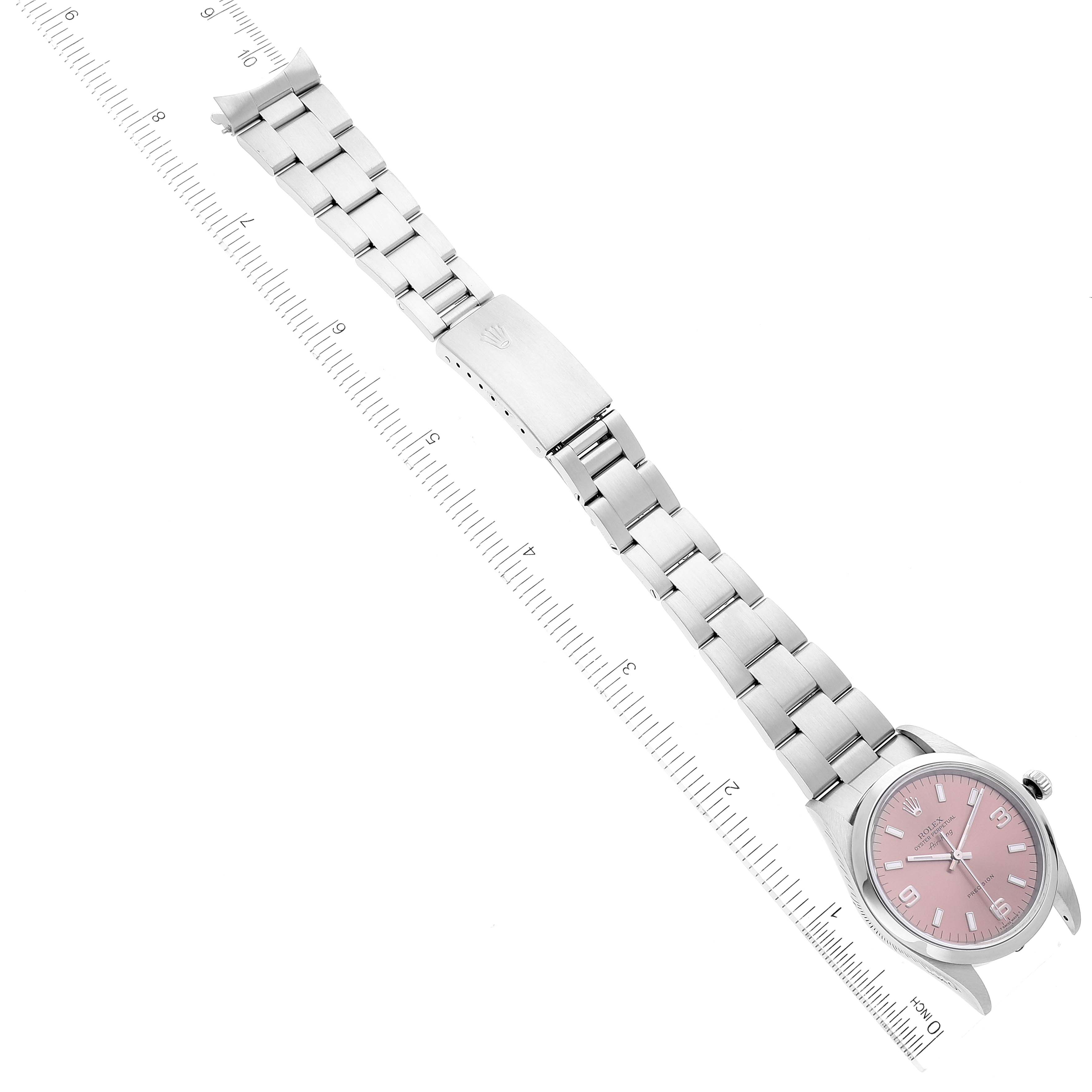 The image shows the full bracelet and face of a Rolex Air-King 14000 Men's Stainless Steel Pink Dial 14000 Men's Stainless Steel Pink Dial model, measuring approximately 9 inches laid flat.