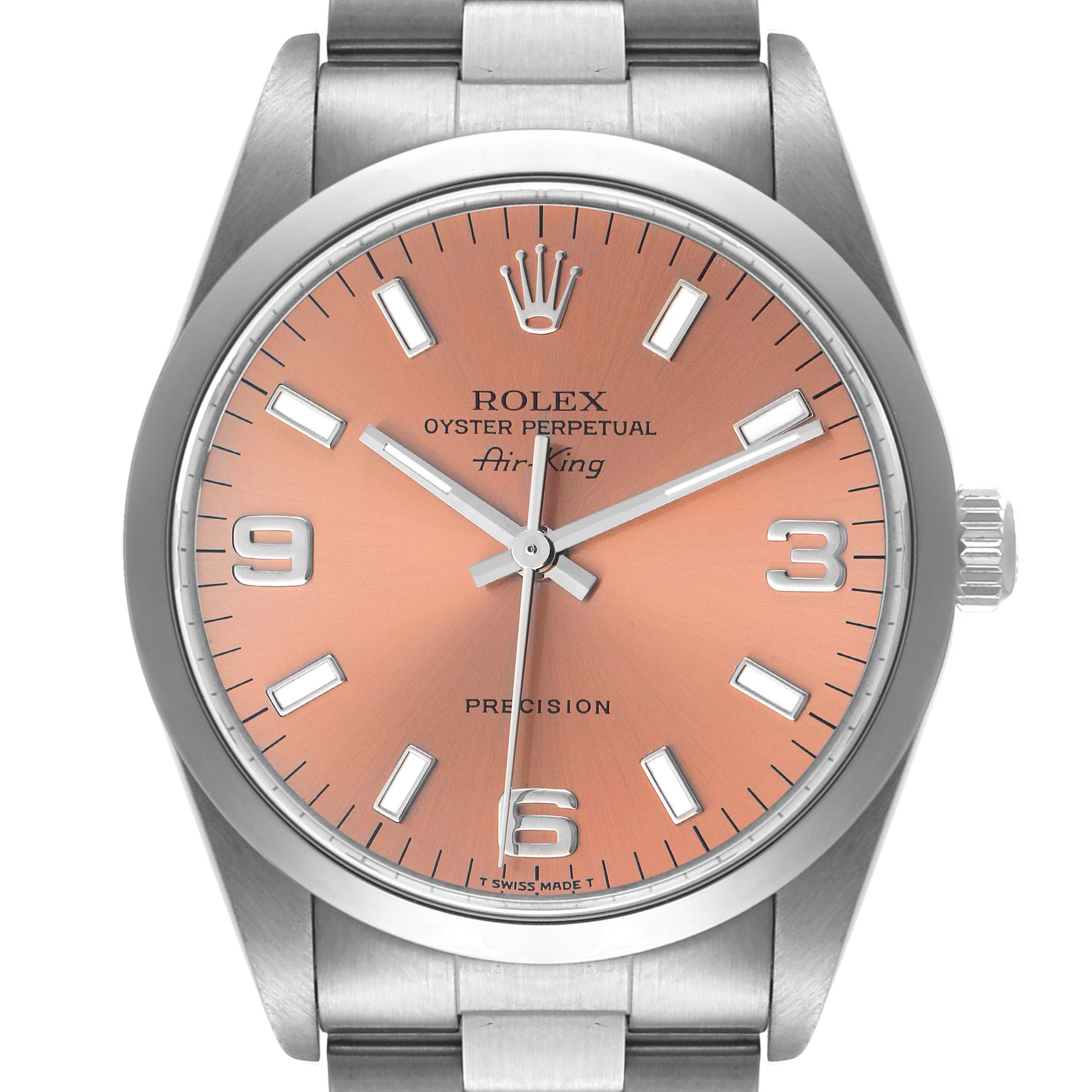This image shows a front view of a Rolex Air-King 14000 Men's Stainless Steel Pink Dial 14000 Men's Stainless Steel Pink Dial watch, featuring a salmon dial and stainless steel bracelet.