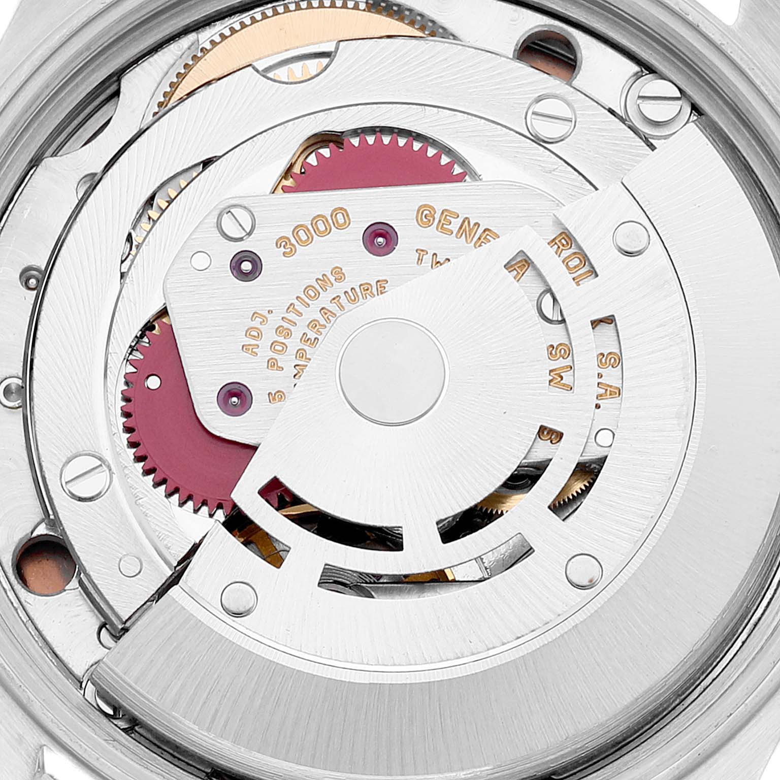 The image shows a close-up of the internal movement mechanism of a Rolex Air-King 14000 Men's Stainless Steel Pink Dial 14000 Men's Stainless Steel Pink Dial watch, featuring gears and the rotor.