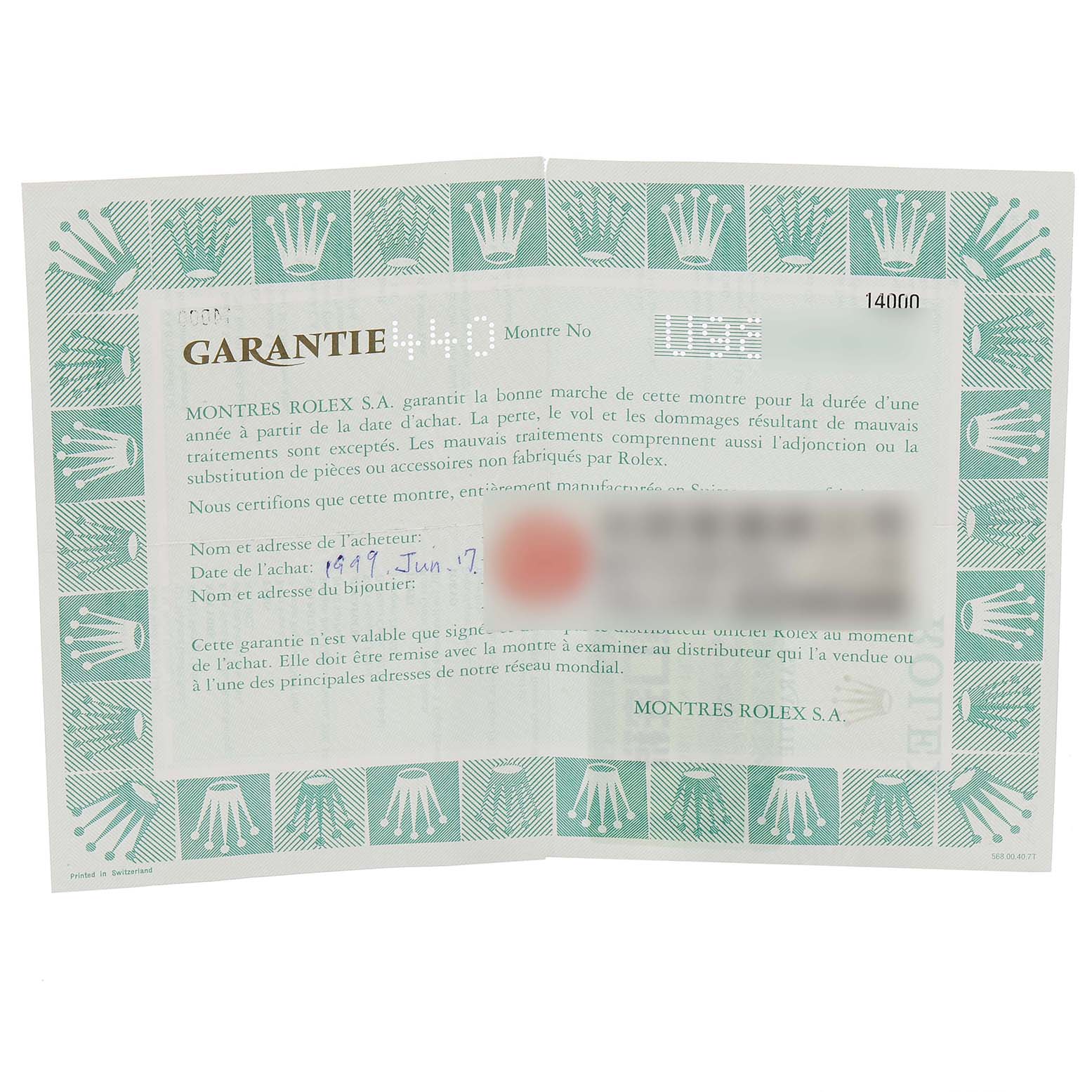 The image shows a warranty certificate for the Rolex Air-King 14000 Men's Stainless Steel Pink Dial 14000 Men's Stainless Steel Pink Dial watch, detailing the purchase date and seller information.