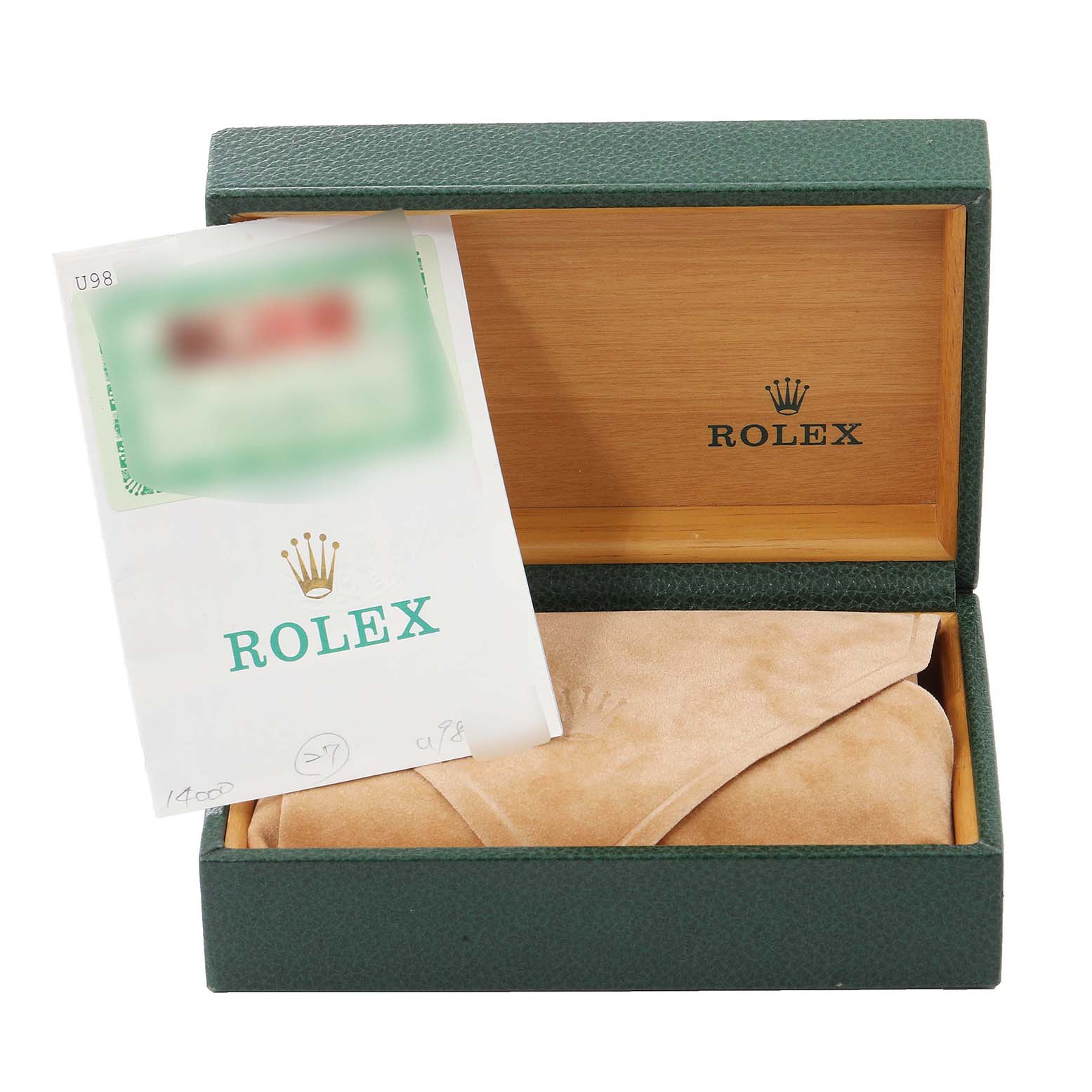 The image shows an open green Rolex box for the Air-King model, containing documentation and a suede pouch.