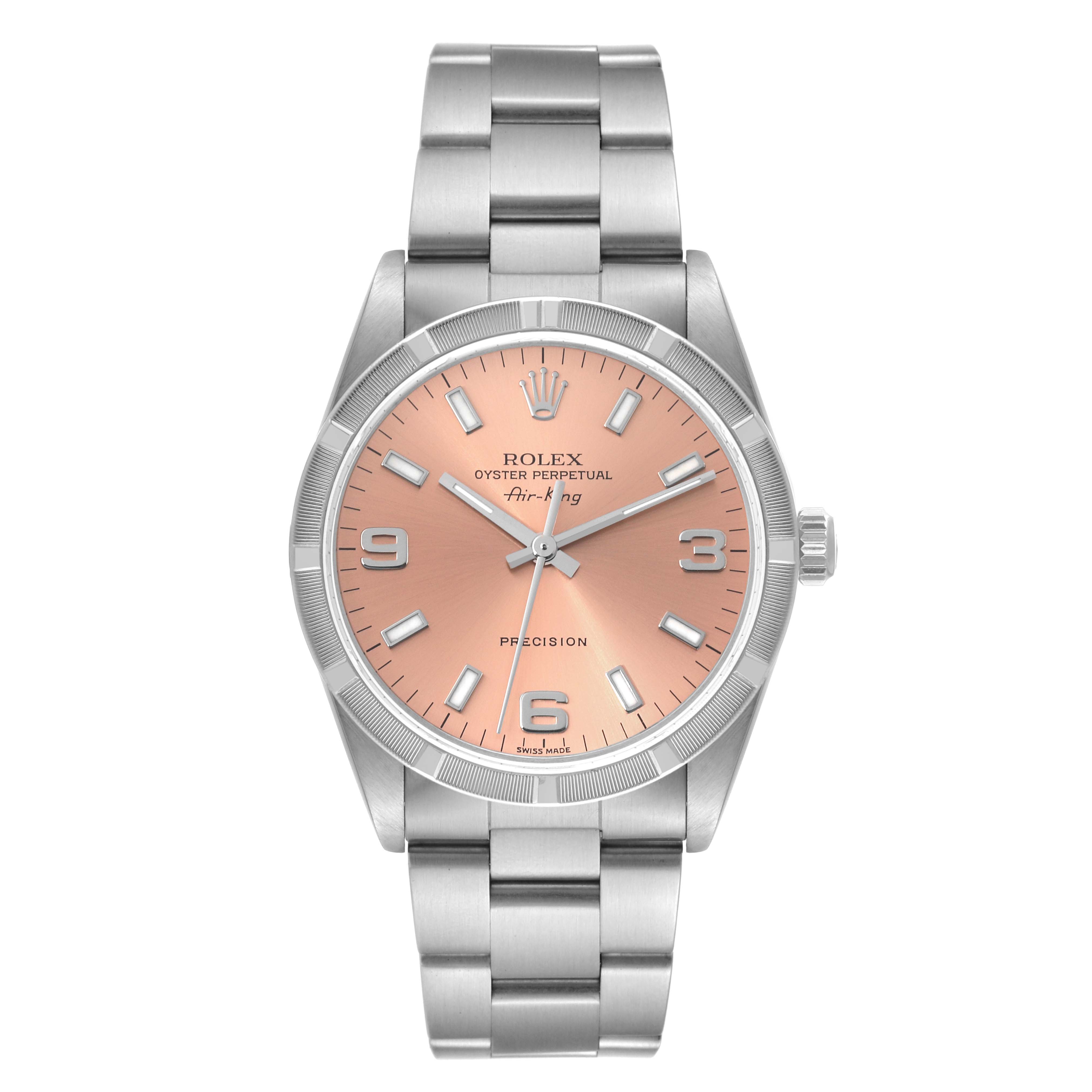 The Air-King Rolex watch is shown from a front angle, displaying its dial, case, bracelet, and crown.