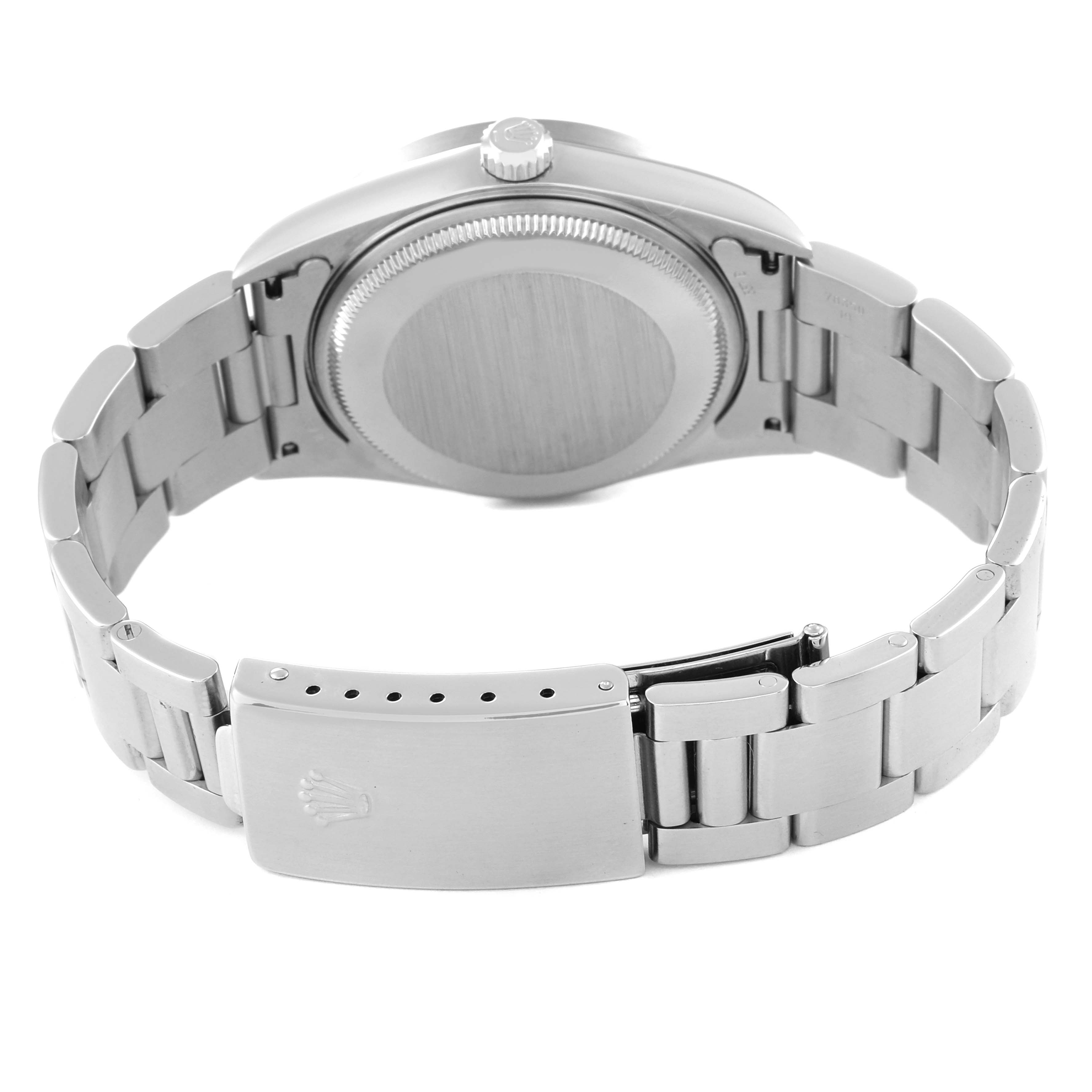 The image shows the back view of a Rolex Air-King 14010 Men's Stainless Steel Pink Dial 14010 Men's Stainless Steel Pink Dial watch, highlighting its case back, crown, and metal bracelet with the clasp.