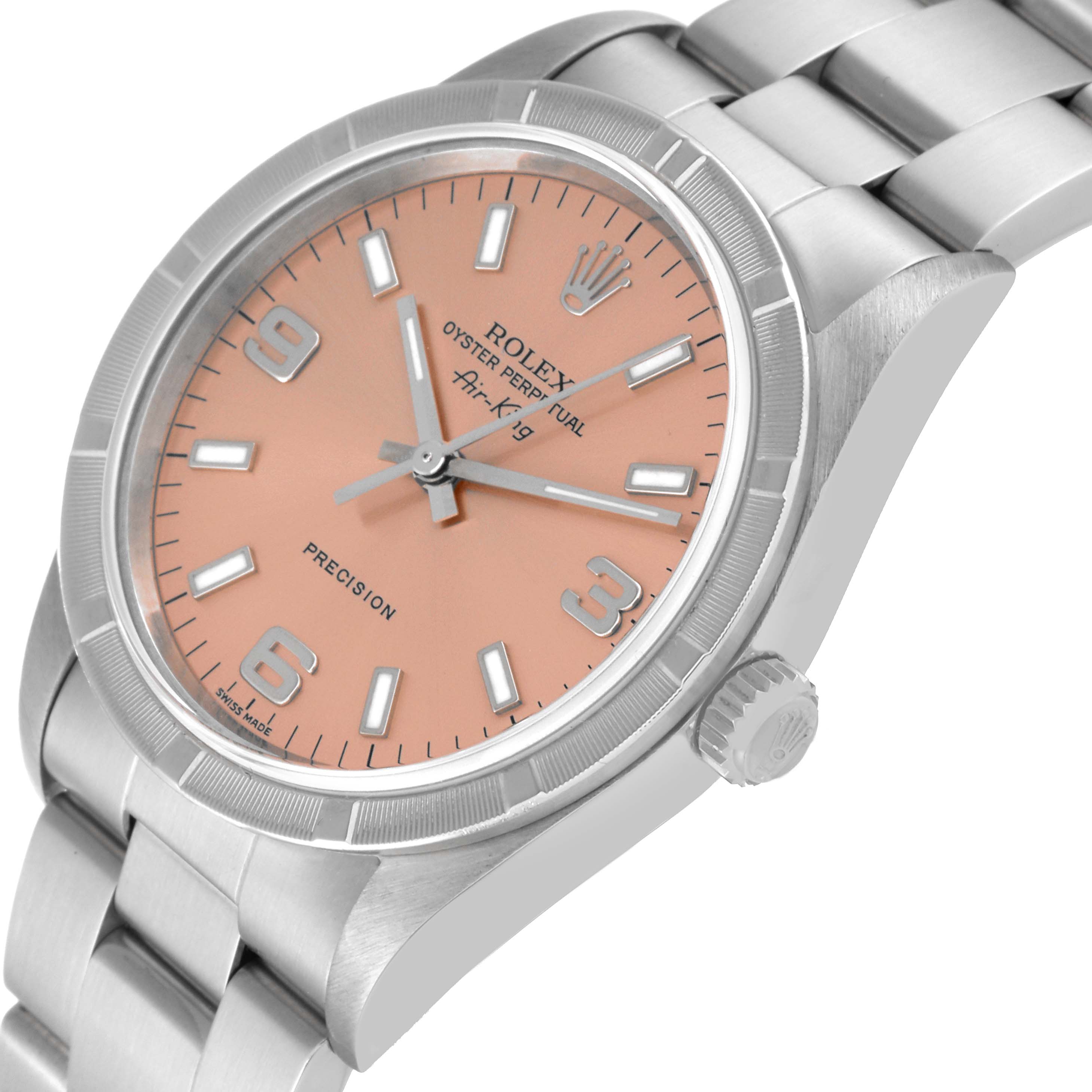 The image shows a Rolex Air-King 14010 Men's Stainless Steel Pink Dial 14010 Men's Stainless Steel Pink Dial watch from an oblique side angle highlighting the dial, bezel, crown, and bracelet links.
