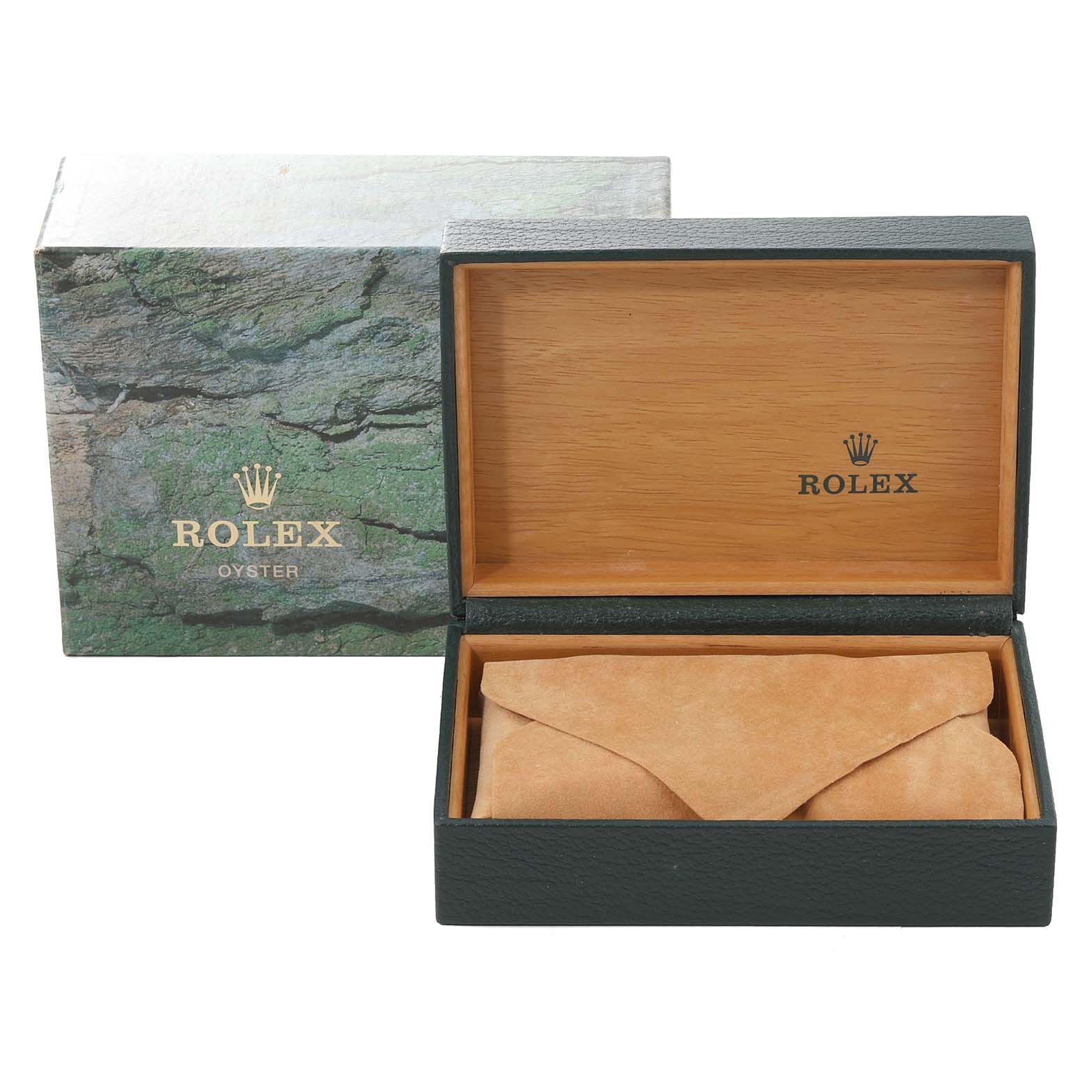 The image shows the packaging for the Rolex Air-King 14010 Men's Stainless Steel Pink Dial 14010 Men's Stainless Steel Pink Dial, including an outer box and an inner box with a protective suede pouch.