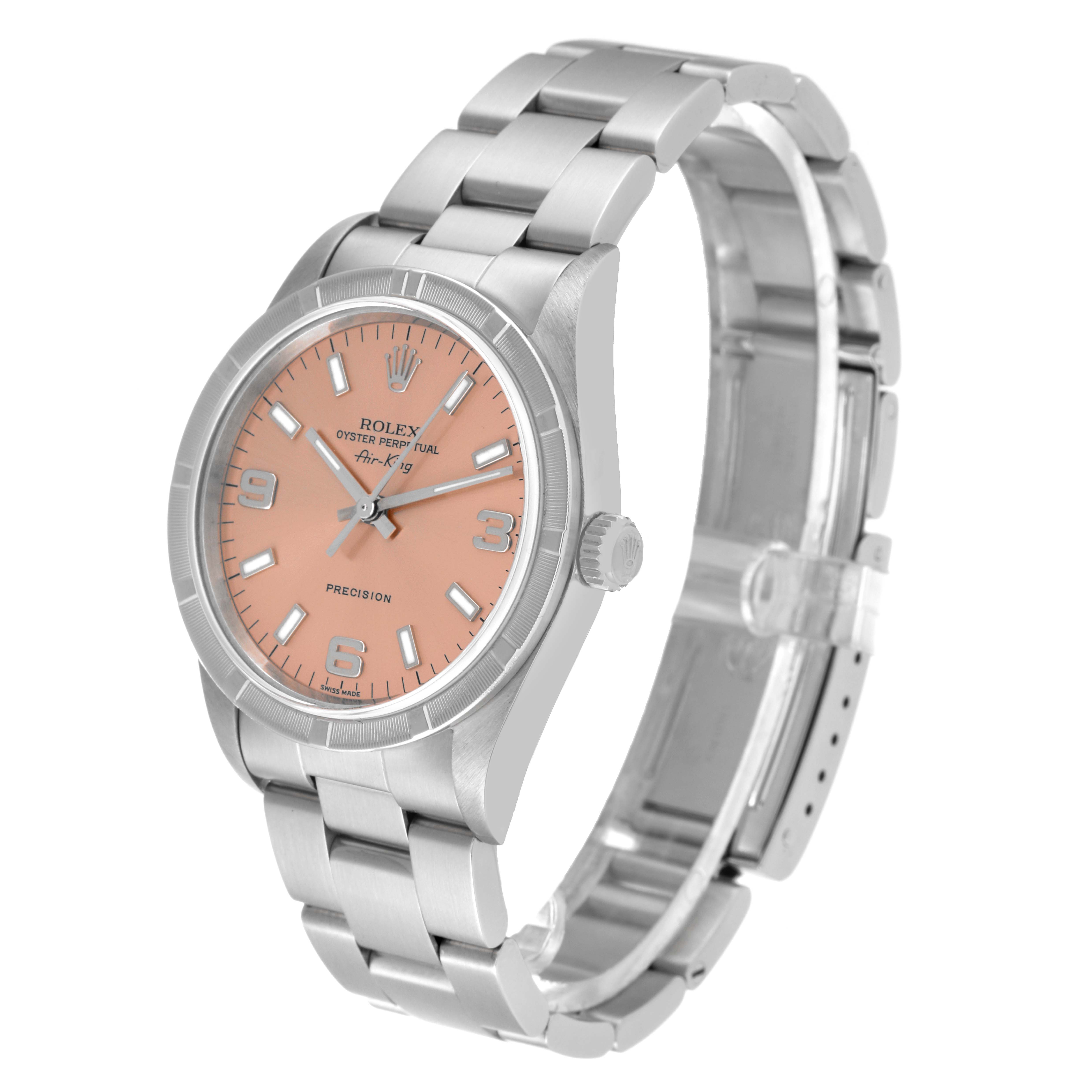 The Rolex Air-King 14010 Men's Stainless Steel Pink Dial 14010 Men's Stainless Steel Pink Dial watch is shown at a three-quarter angle, displaying its face, crown, bezel, and bracelet.
