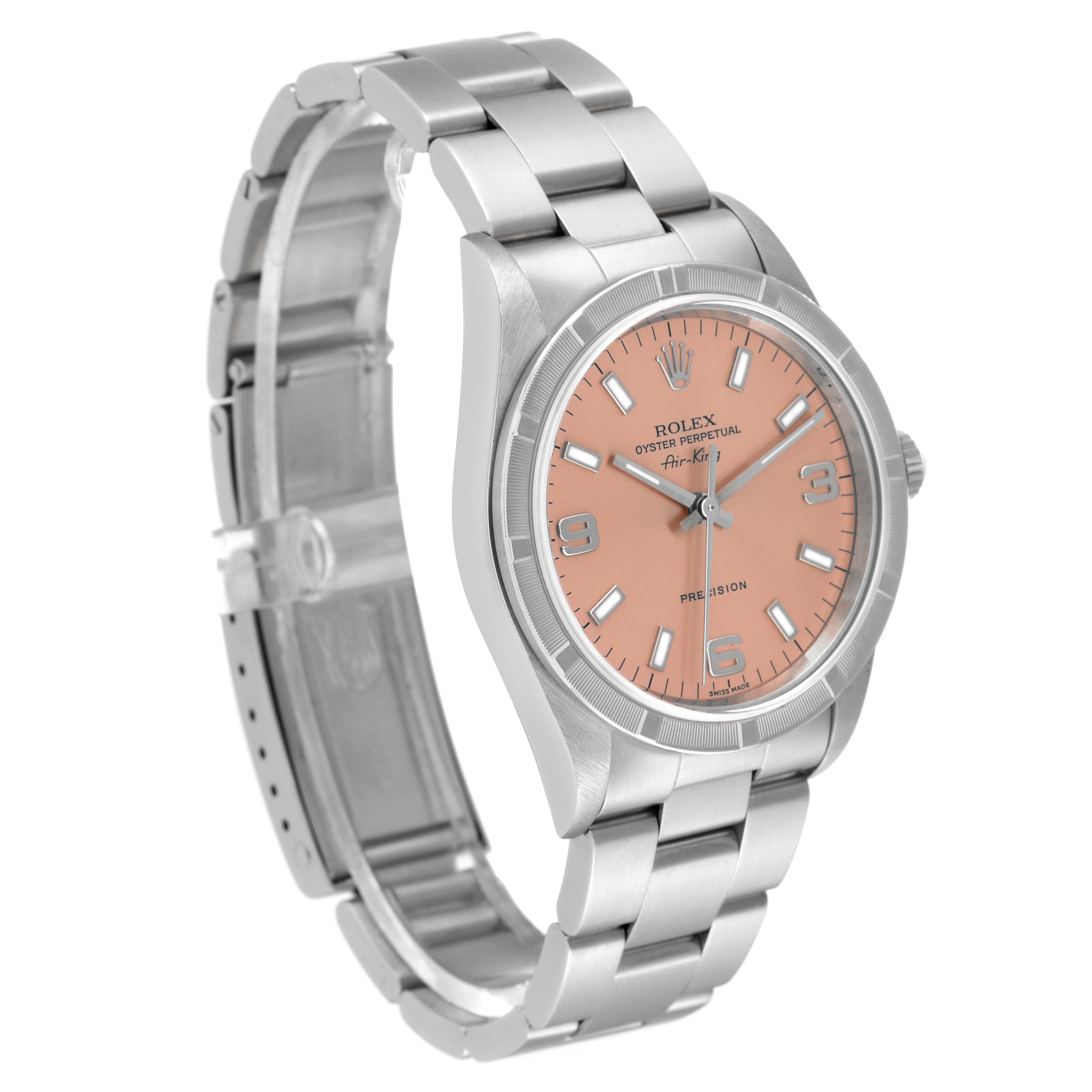 This Rolex Air-King 14010 Men's Stainless Steel Pink Dial 14010 Men's Stainless Steel Pink Dial watch is shown at a three-quarter angle displaying its dial, bezel, and bracelet.