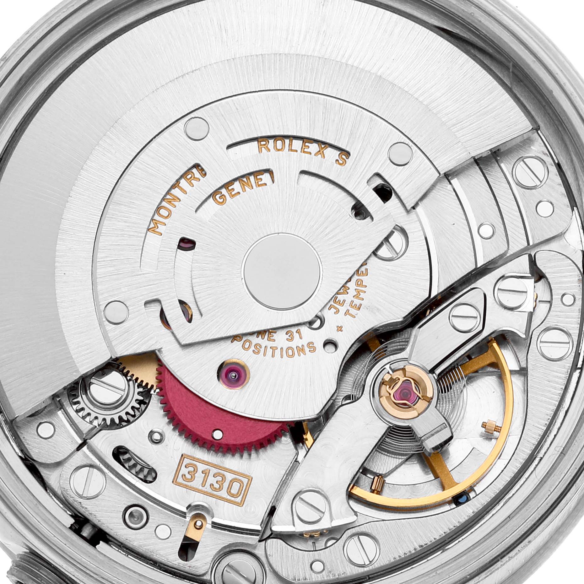 The image shows a close-up view of the mechanical movement inside a Rolex Air-King 14010 Men's Stainless Steel Pink Dial 14010 Men's Stainless Steel Pink Dial watch.