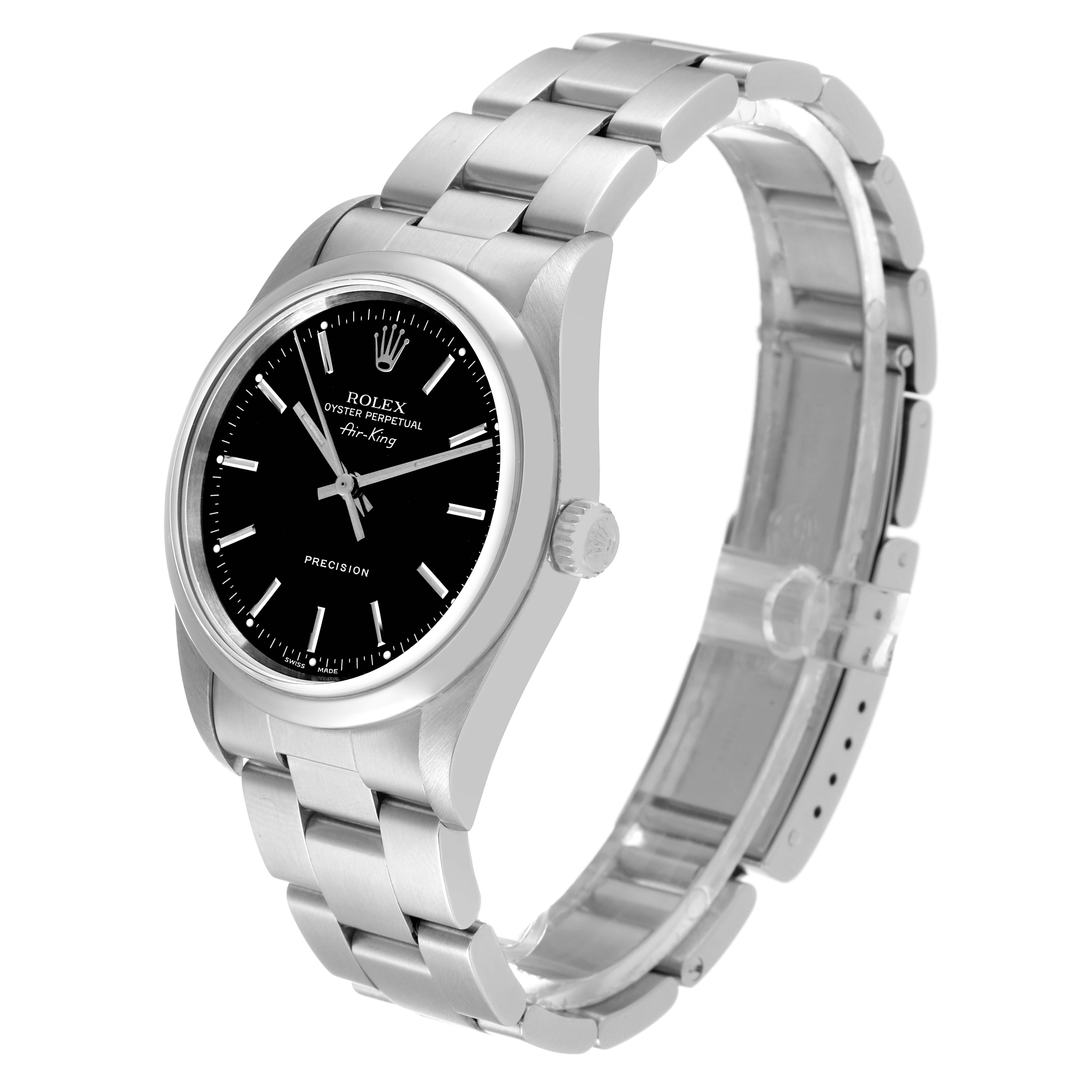 The Rolex Air-King 14000 Men's Stainless Steel Black Dial 14000 Men's Stainless Steel Black Dial watch is shown at a slight right angle, displaying its black dial, bracelet, case, and crown.