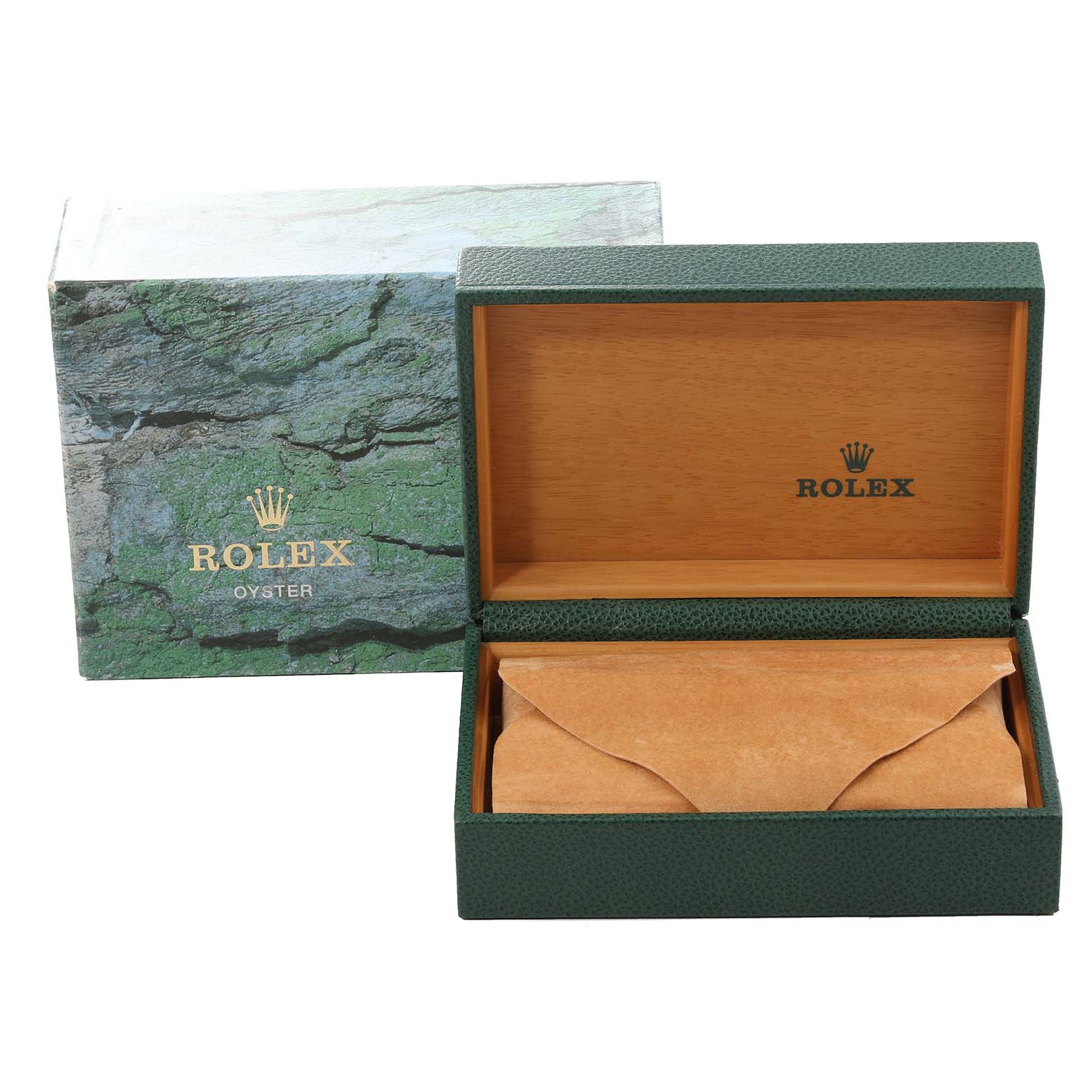 The image shows a green Rolex box and its interior, labeled "Rolex Oyster," for the Air-King model.