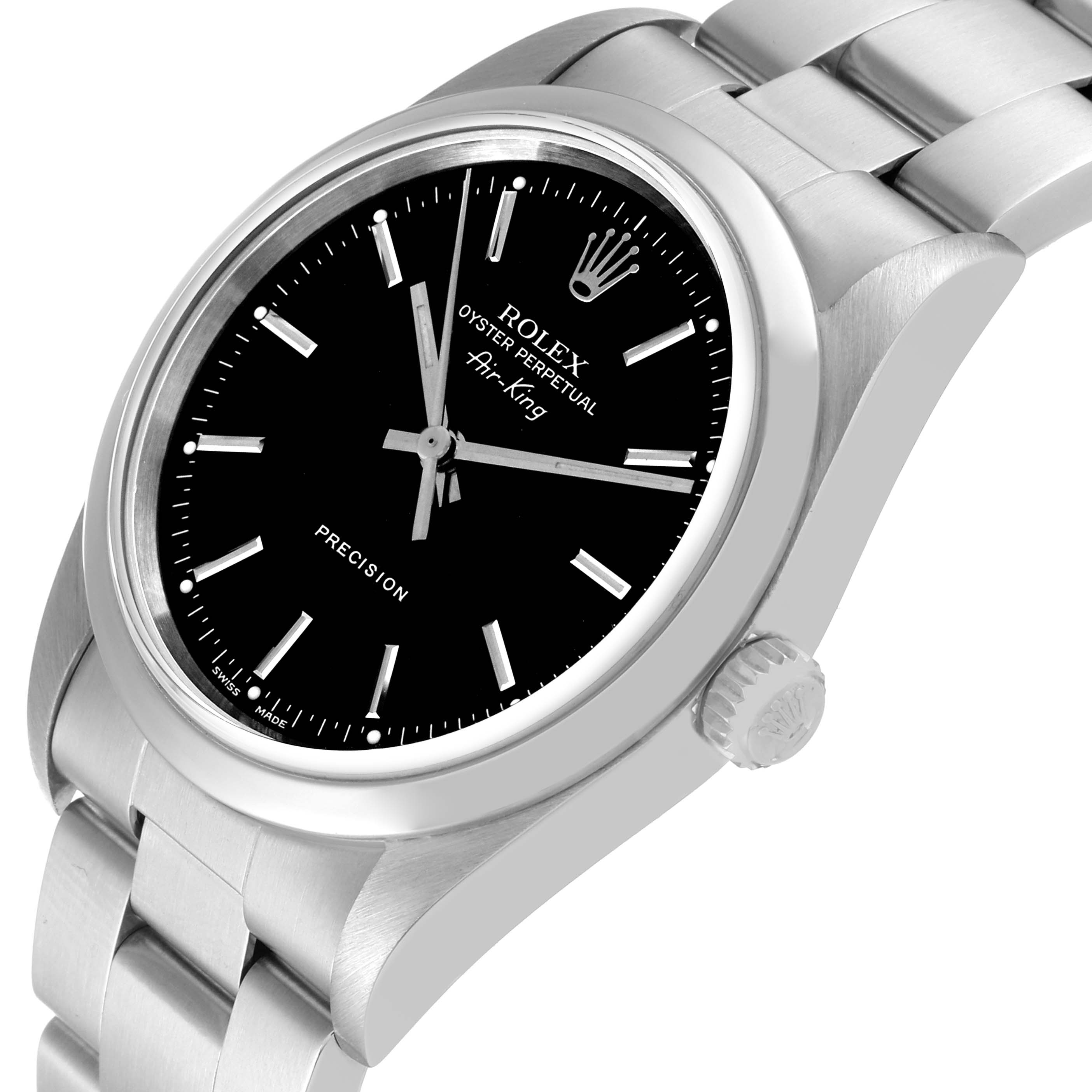 The image shows a close-up, angled view of the Rolex Air-King 14000 Men's Stainless Steel Black Dial 14000 Men's Stainless Steel Black Dial watch, focusing on the dial, case, and bracelet.