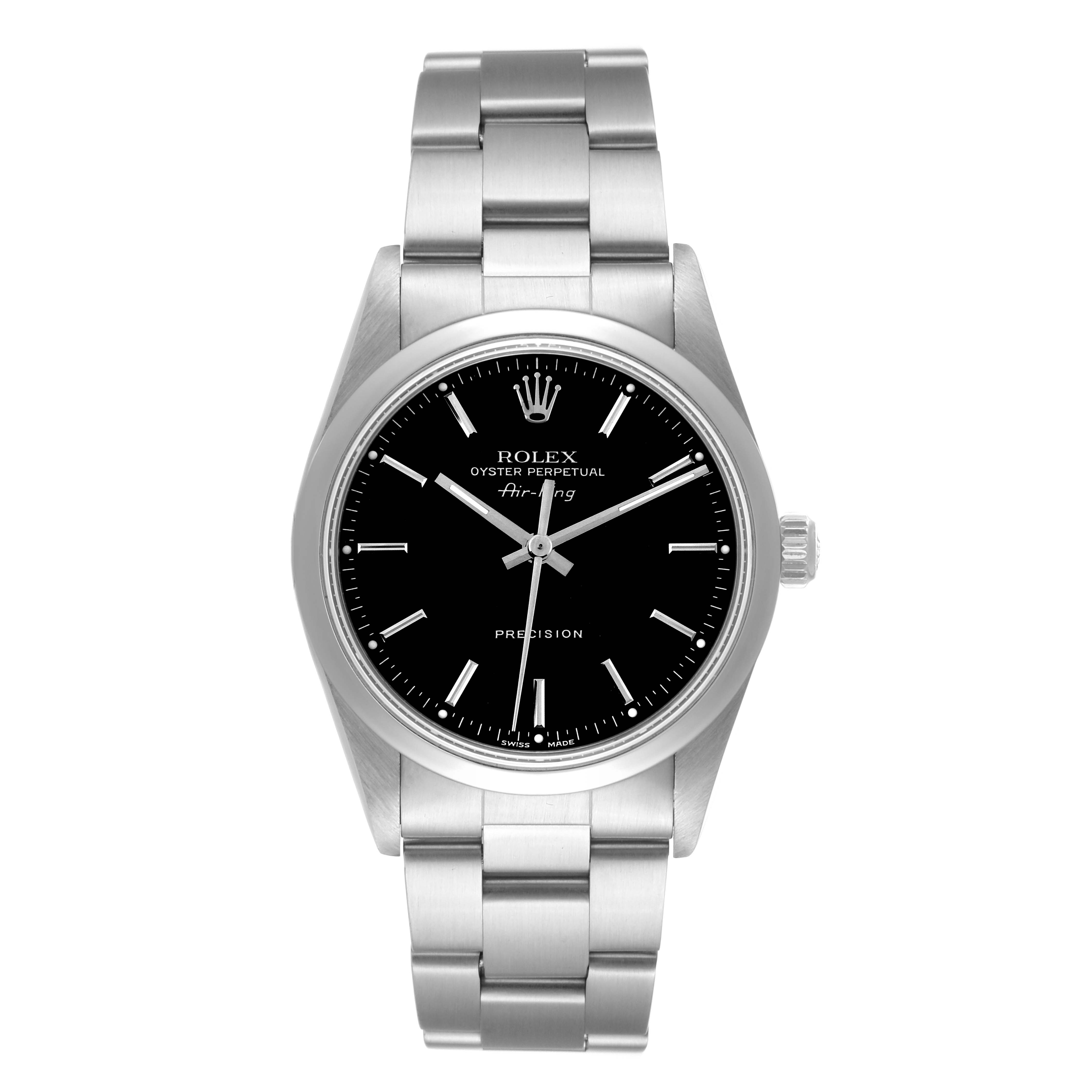 The image shows a front view of a Rolex Air-King 14000 Men's Stainless Steel Black Dial 14000 Men's Stainless Steel Black Dial watch, highlighting its bracelet, dial, hands, and crown.