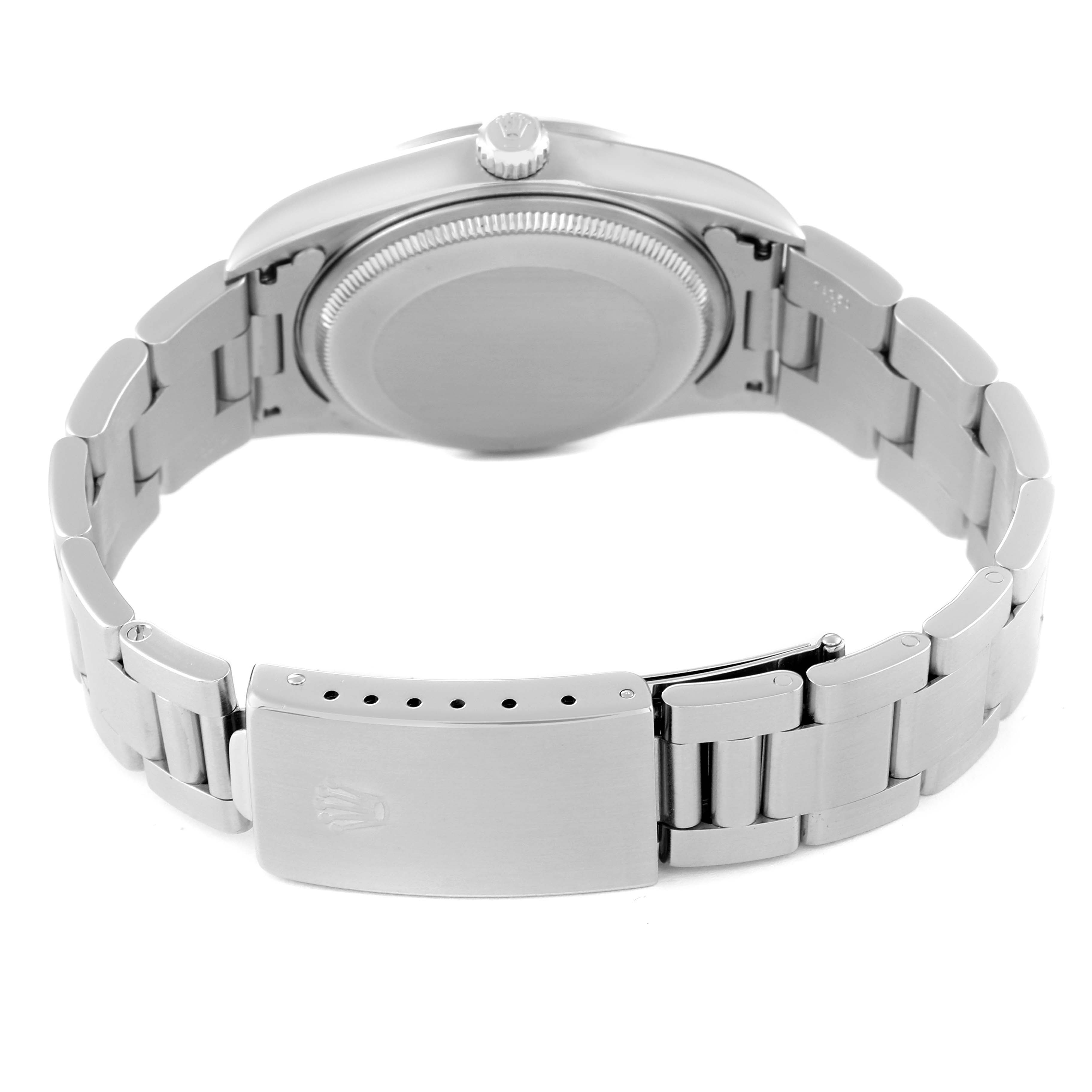 The image shows the back view of a Rolex Air-King 14000 Men's Stainless Steel Black Dial 14000 Men's Stainless Steel Black Dial watch, highlighting the case back and metal bracelet with the clasp.