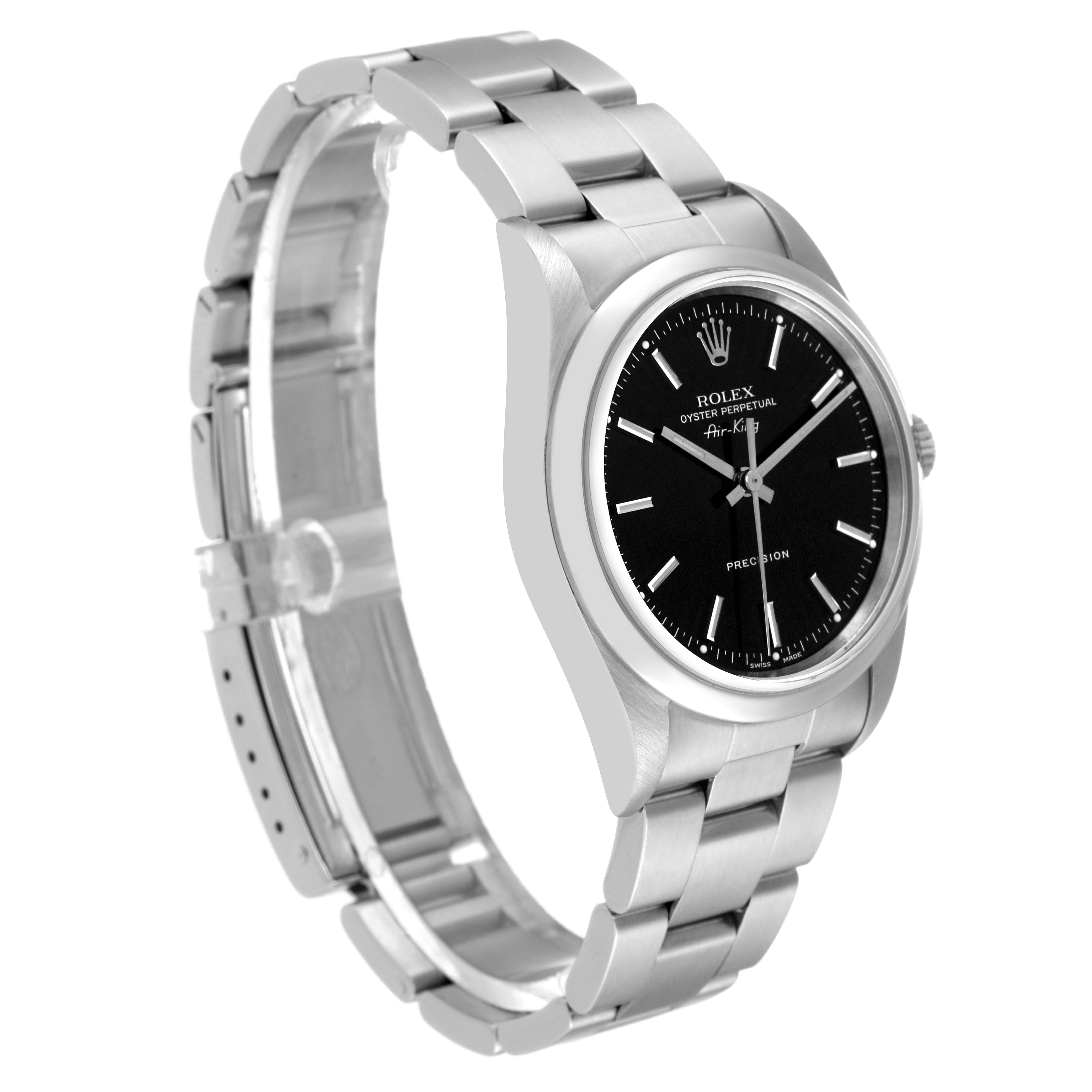 The image shows a Rolex Air-King 14000 Men's Stainless Steel Black Dial 14000 Men's Stainless Steel Black Dial watch at a three-quarter angle, highlighting its dial, bezel, and bracelet.