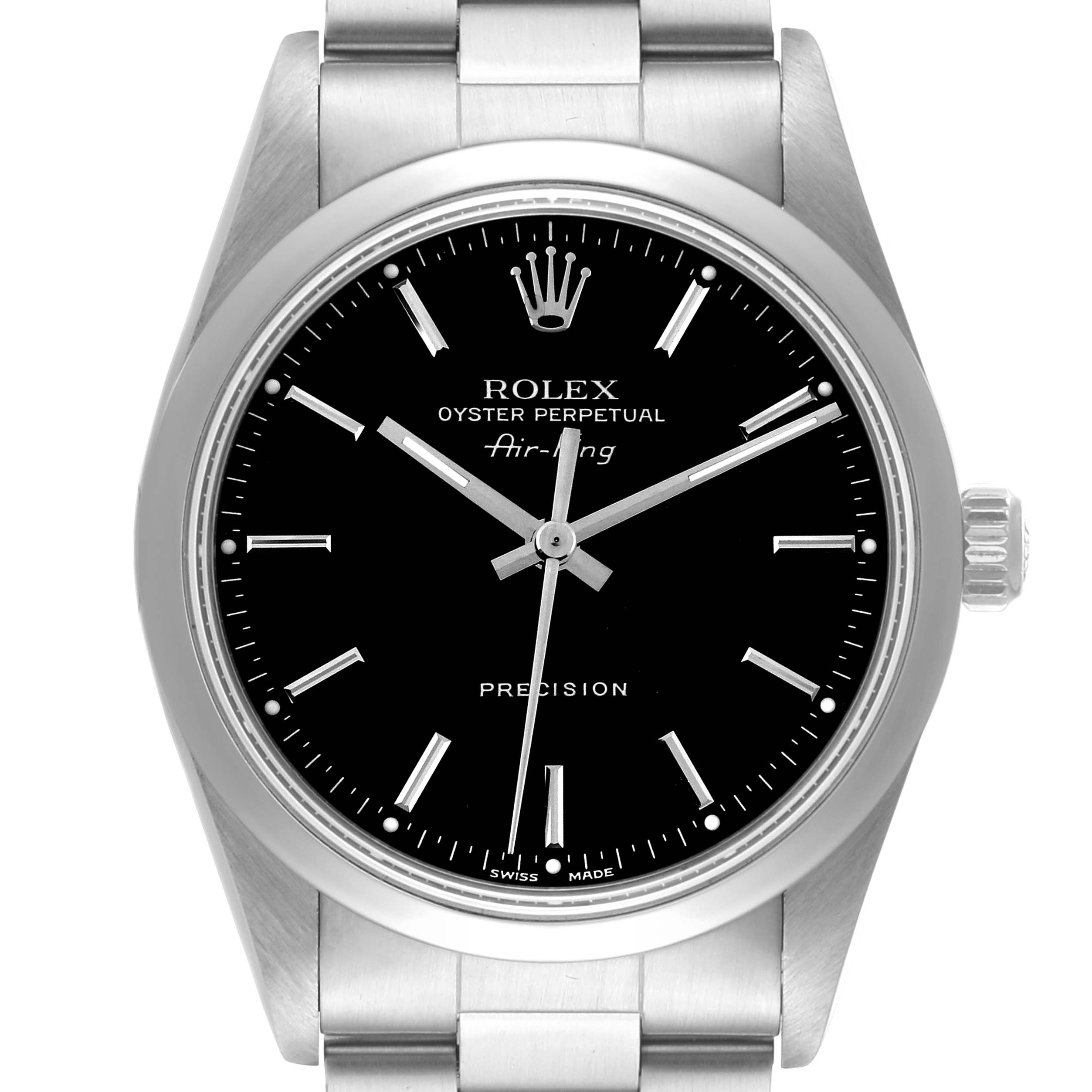 The Rolex Air-King 14000 Men's Stainless Steel Black Dial 14000 Men's Stainless Steel Black Dial watch is shown from a front angle, displaying the black dial, stainless steel case, crown, and part of the bracelet.