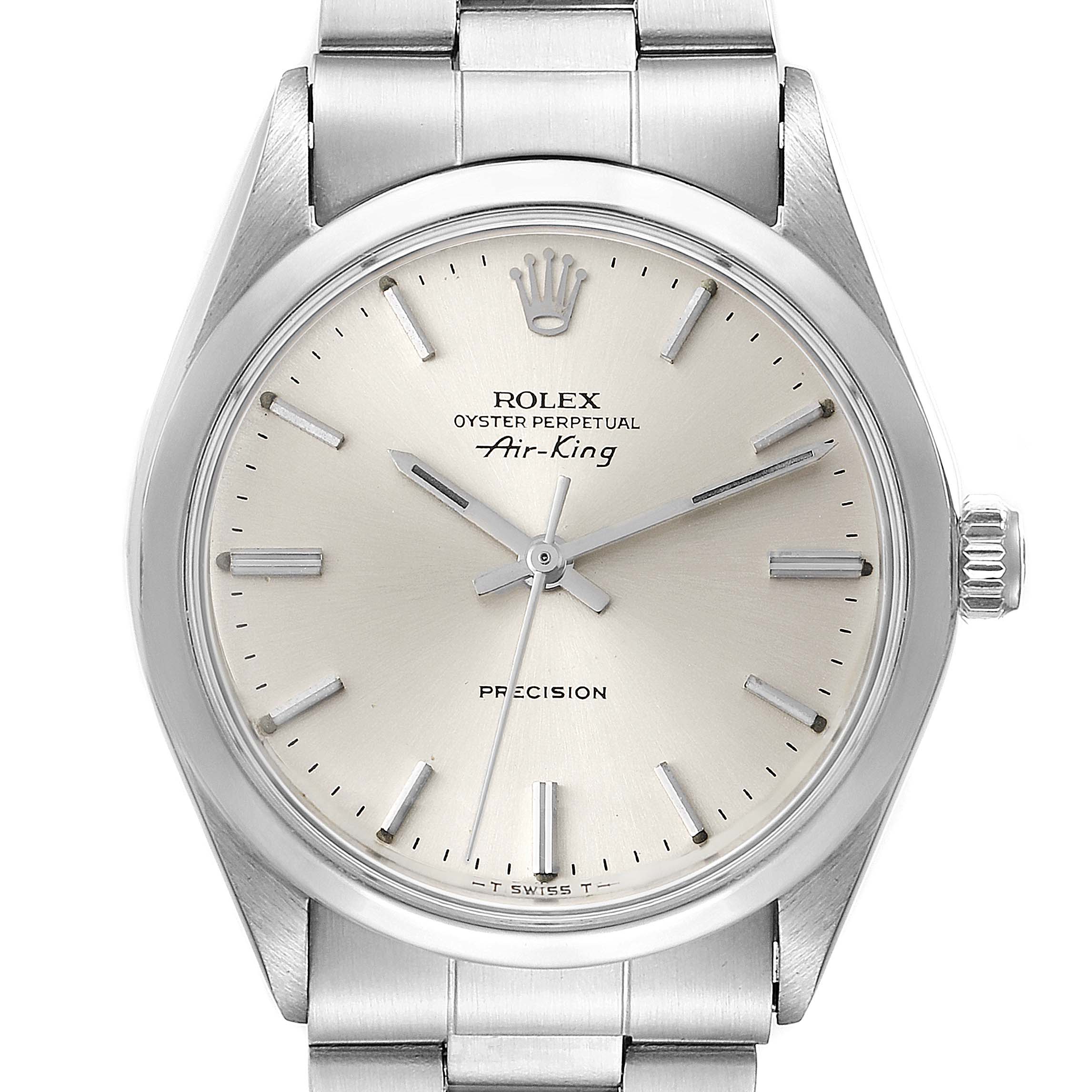 This is a front view of a Vintage Collection Rolex Oyster Perpetual Air-King watch, showing the dial, crown, and part of the bracelet.