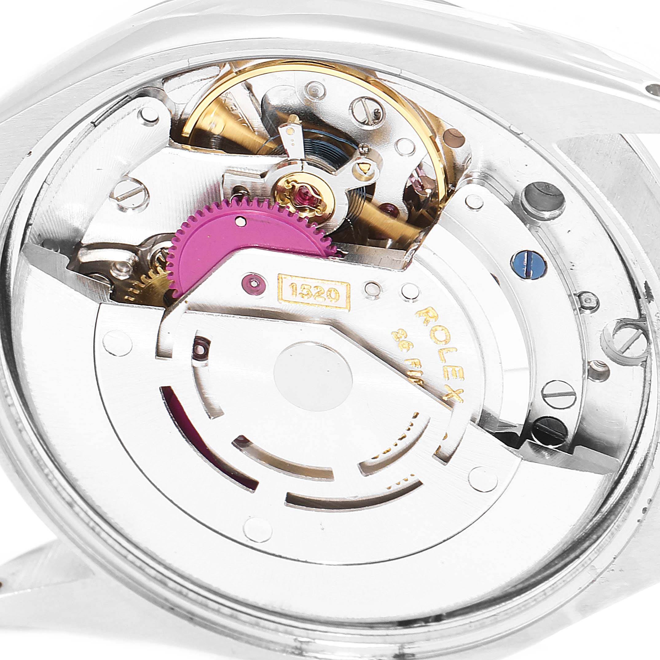 This image shows the internal movement mechanism of a Rolex Vintage Collection 5500 Men
s Stainless Steel Silver Dial 5500 Men
s Stainless Steel Silver Dial model from an angled, close-up view.