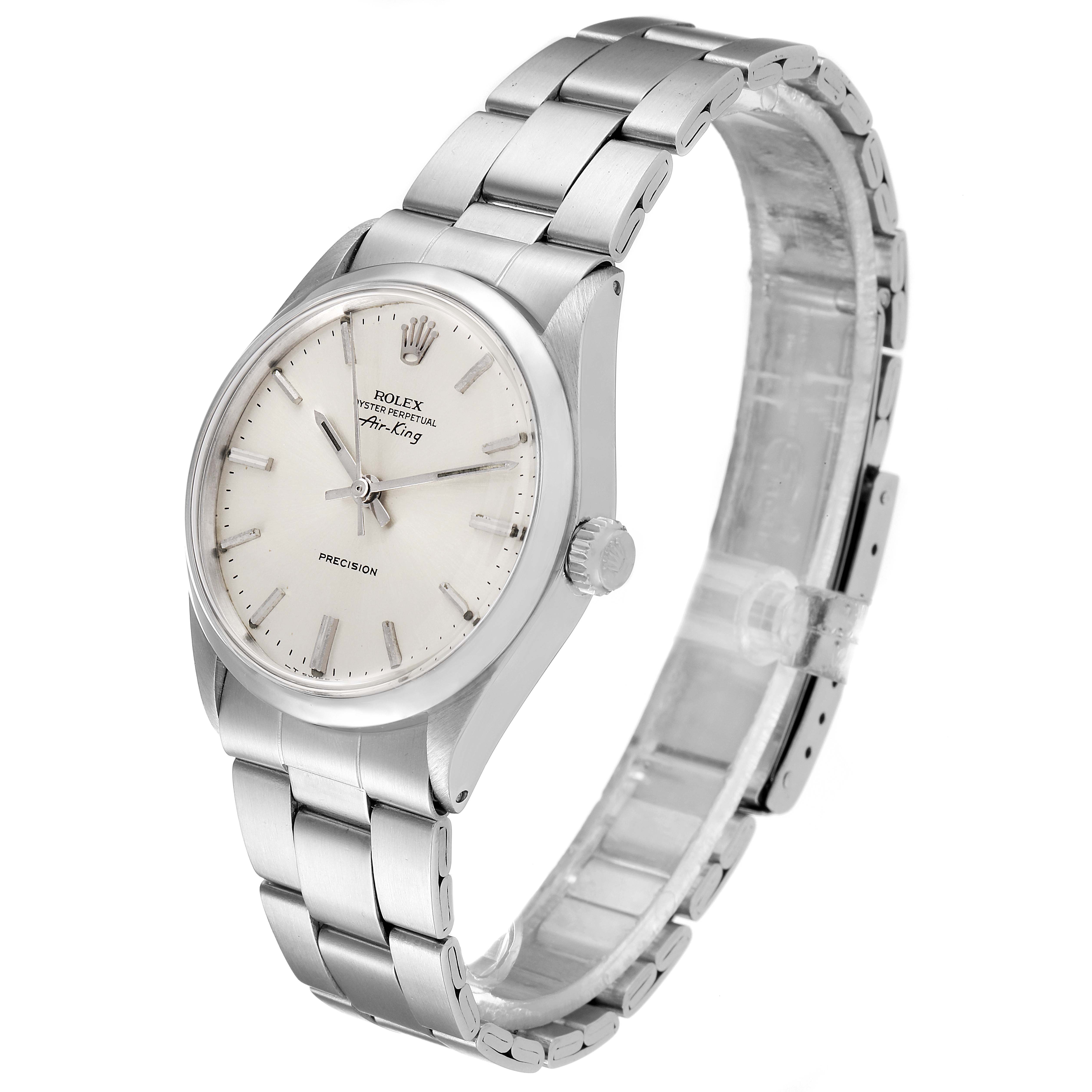 The Rolex Vintage Collection 5500 Men
s Stainless Steel Silver Dial 5500 Men
s Stainless Steel Silver Dial watch is displayed at an angled side view, showcasing the dial, crown, and part of the bracelet.