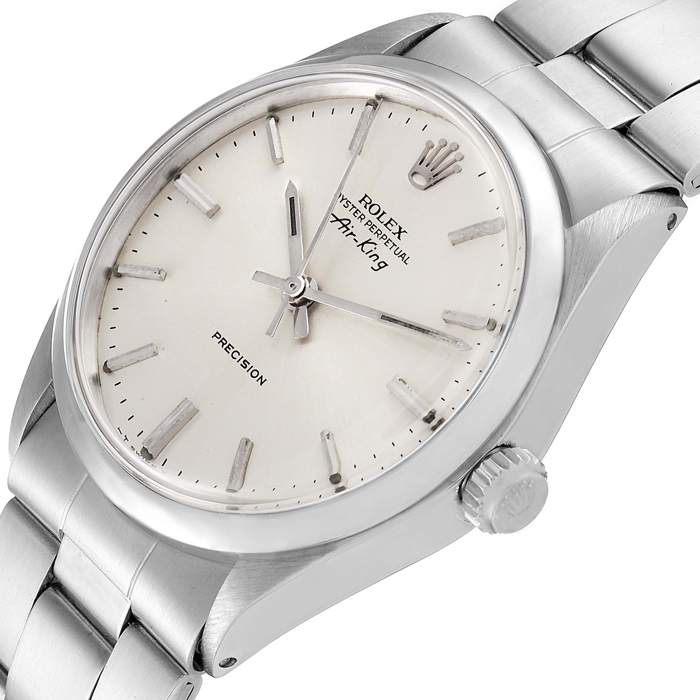 The image shows an angled view of a Rolex Vintage Collection 5500 Men
s Stainless Steel Silver Dial 5500 Men
s Stainless Steel Silver Dial Oyster Perpetual Air-King watch, highlighting its dial, crown, and bracelet.