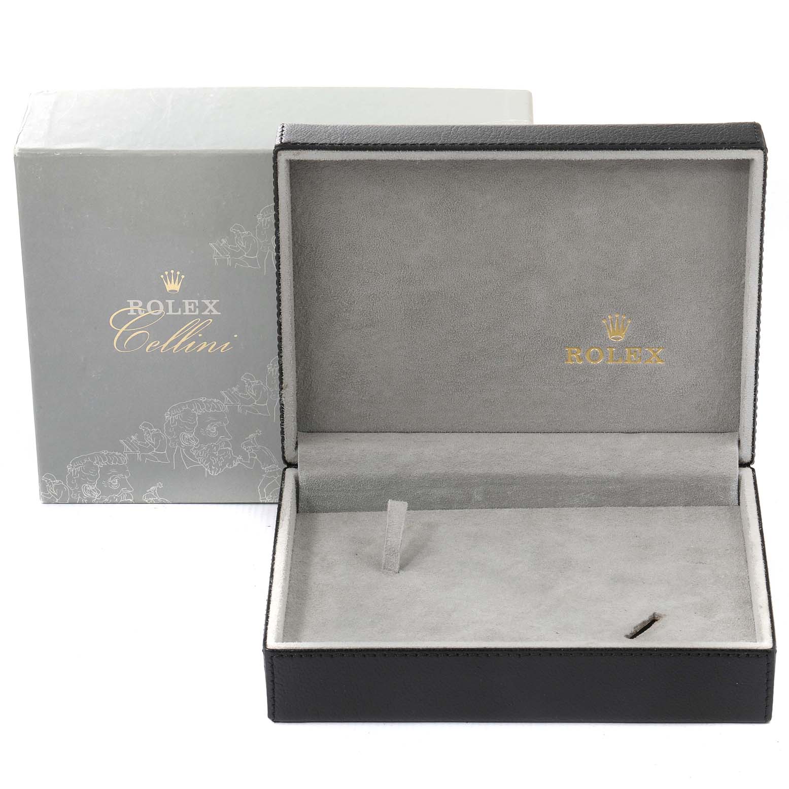 The image shows an open Rolex Cellini 5112 Men's Yellow Gold Champagne Dial 5112 Men's Yellow Gold Champagne Dial watch box and its cover photographed from the front.