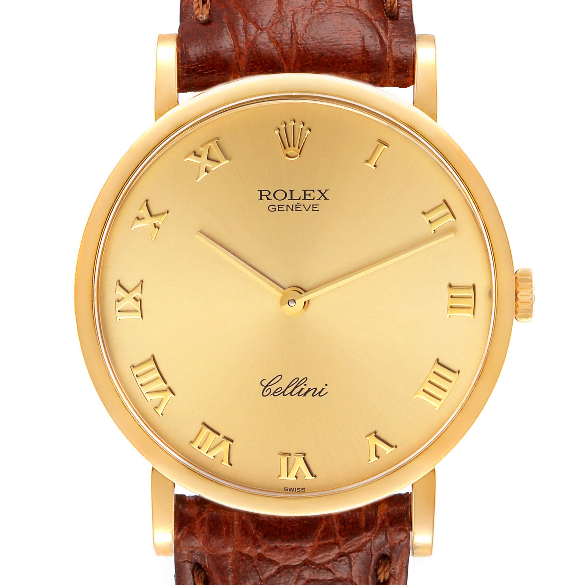 This image shows a front view of a Rolex Cellini 5112 Men's Yellow Gold Champagne Dial 5112 Men's Yellow Gold Champagne Dial watch with Roman numerals and a brown leather strap.