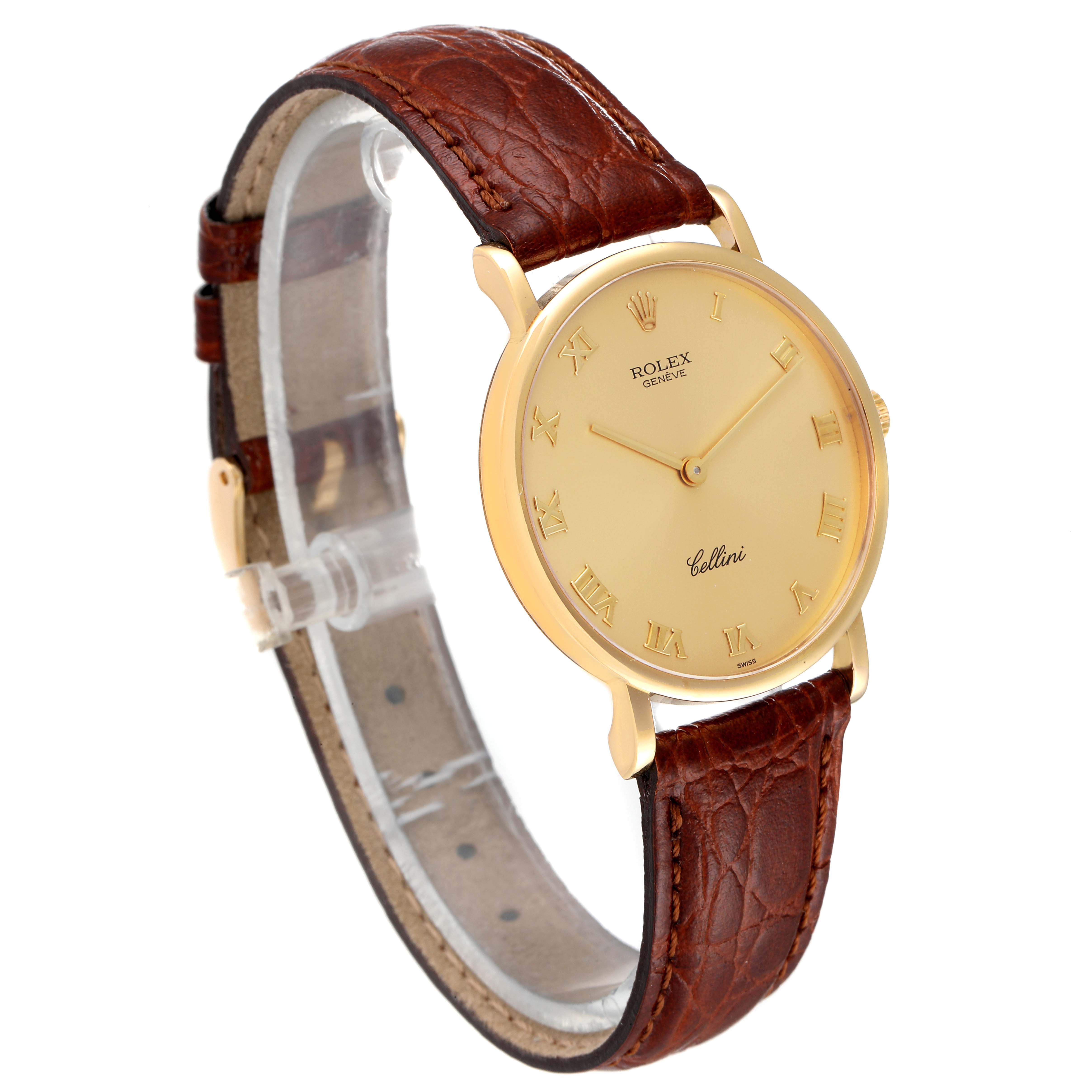 The image shows a Rolex Cellini 5112 Men's Yellow Gold Champagne Dial 5112 Men's Yellow Gold Champagne Dial watch at a three-quarter angle, highlighting the face, strap, and side of the watch.