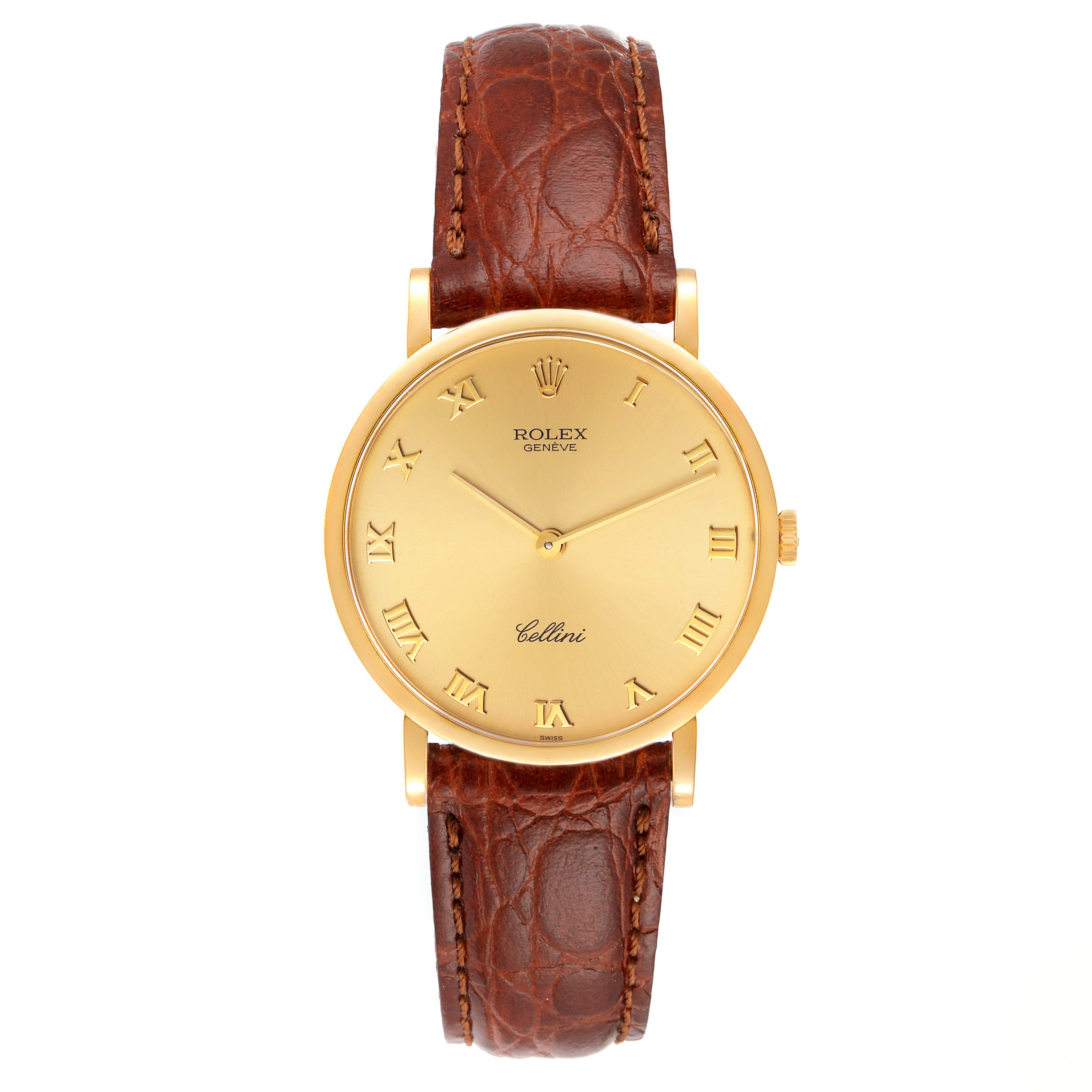 The image shows a Rolex Cellini 5112 Men's Yellow Gold Champagne Dial 5112 Men's Yellow Gold Champagne Dial watch from a straight-on angle, highlighting the dial, case, and leather strap.