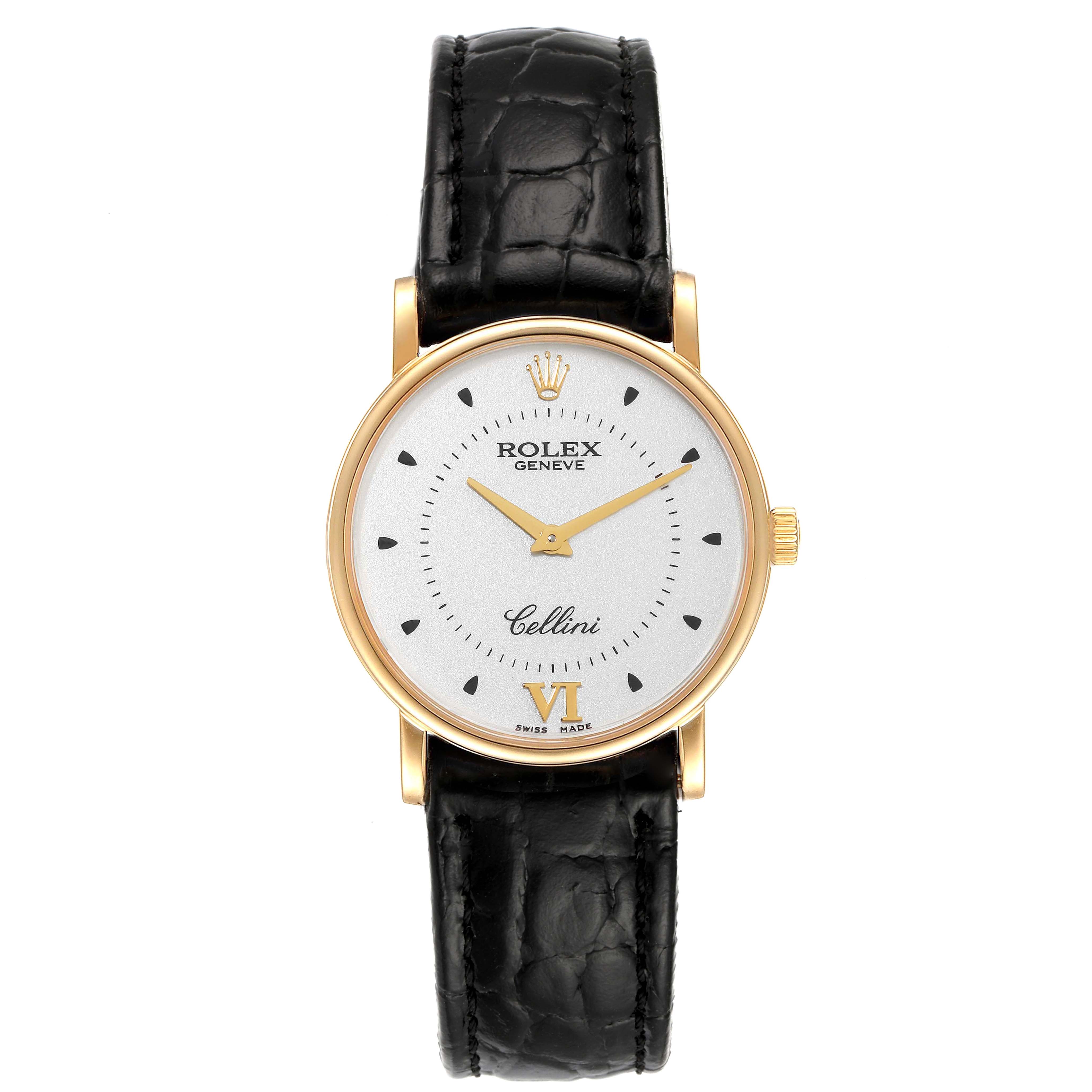 This image shows a front view of the Rolex Cellini 5115 Men's Yellow Gold Silver Dial 5115 Men's Yellow Gold Silver Dial model watch, featuring a white dial, gold case, and black leather strap.