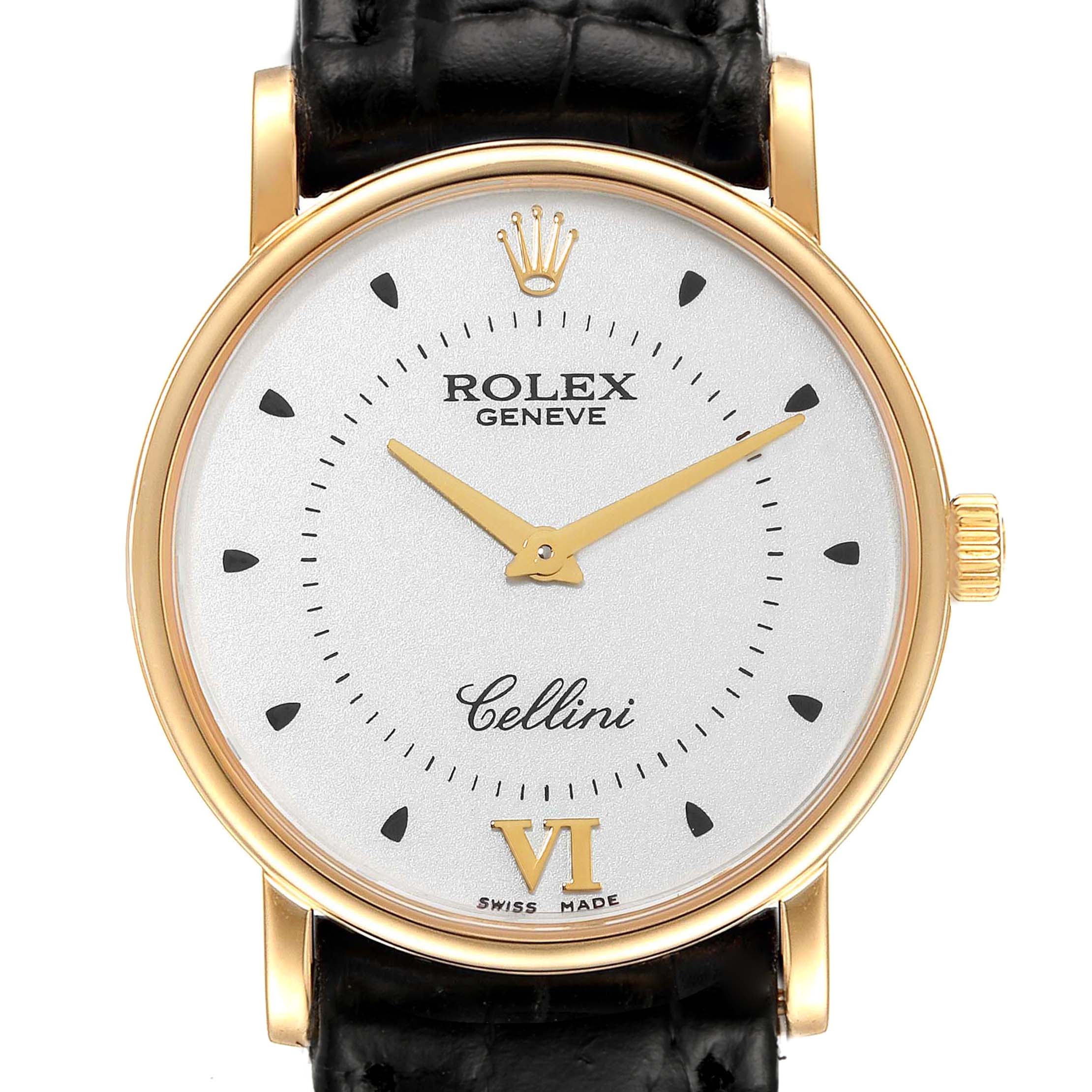 This image shows a front view of a Rolex Cellini 5115 Men's Yellow Gold Silver Dial 5115 Men's Yellow Gold Silver Dial watch, featuring its gold case, white dial, black markers, and black leather strap.