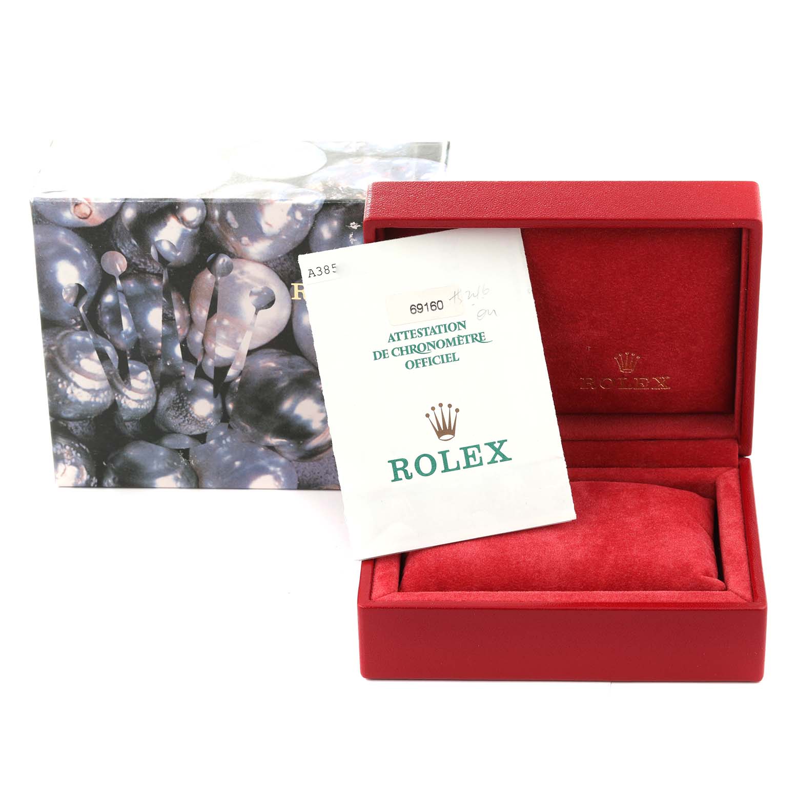The image shows a Rolex Date 69160 Women's Stainless Steel Blue Dial 69160 Women's Stainless Steel Blue Dial model watch box, a certificate, and packaging at a front angle.