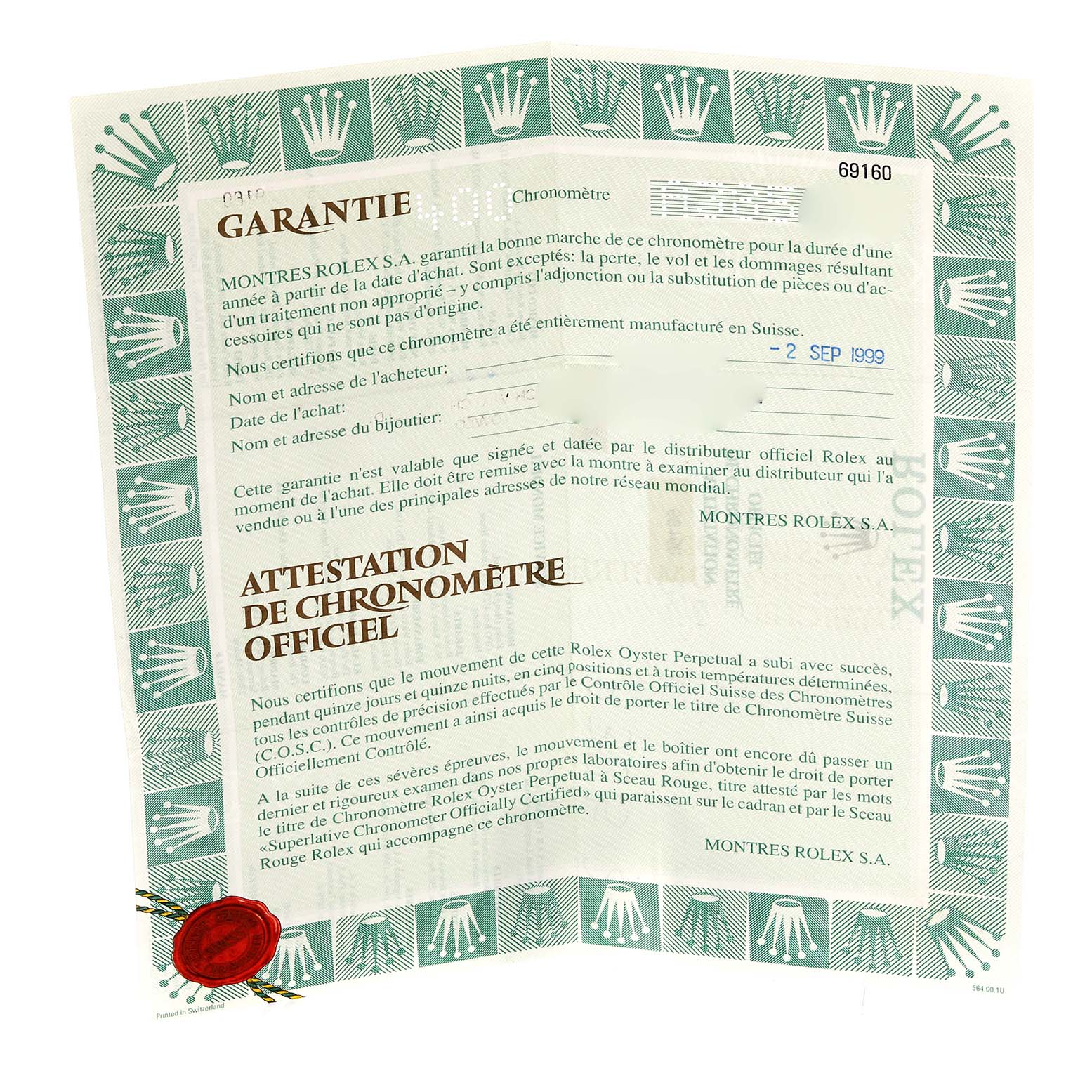 The image shows a Rolex Date 69160 Women's Stainless Steel Blue Dial 69160 Women's Stainless Steel Blue Dial model warranty certificate.