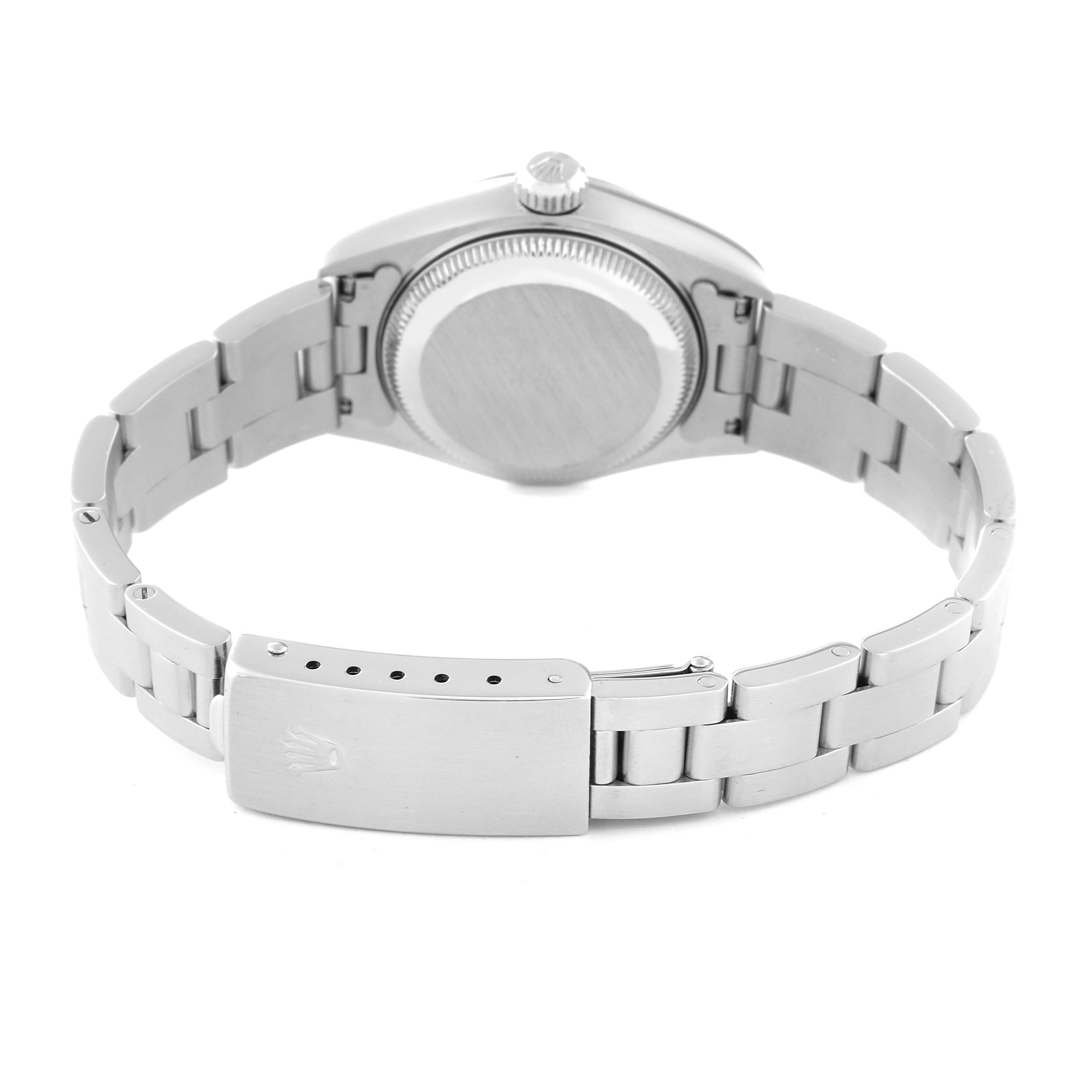 This image shows the back side and clasp of a Rolex Date 69160 Women's Stainless Steel Blue Dial 69160 Women's Stainless Steel Blue Dial model watch from a slightly angled perspective.