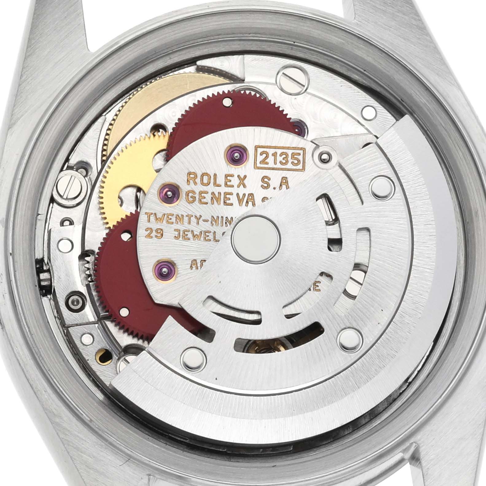 The image shows the internal mechanism of a Rolex Date 69160 Women's Stainless Steel Blue Dial 69160 Women's Stainless Steel Blue Dial model watch, focusing on the movement caliber and gears.