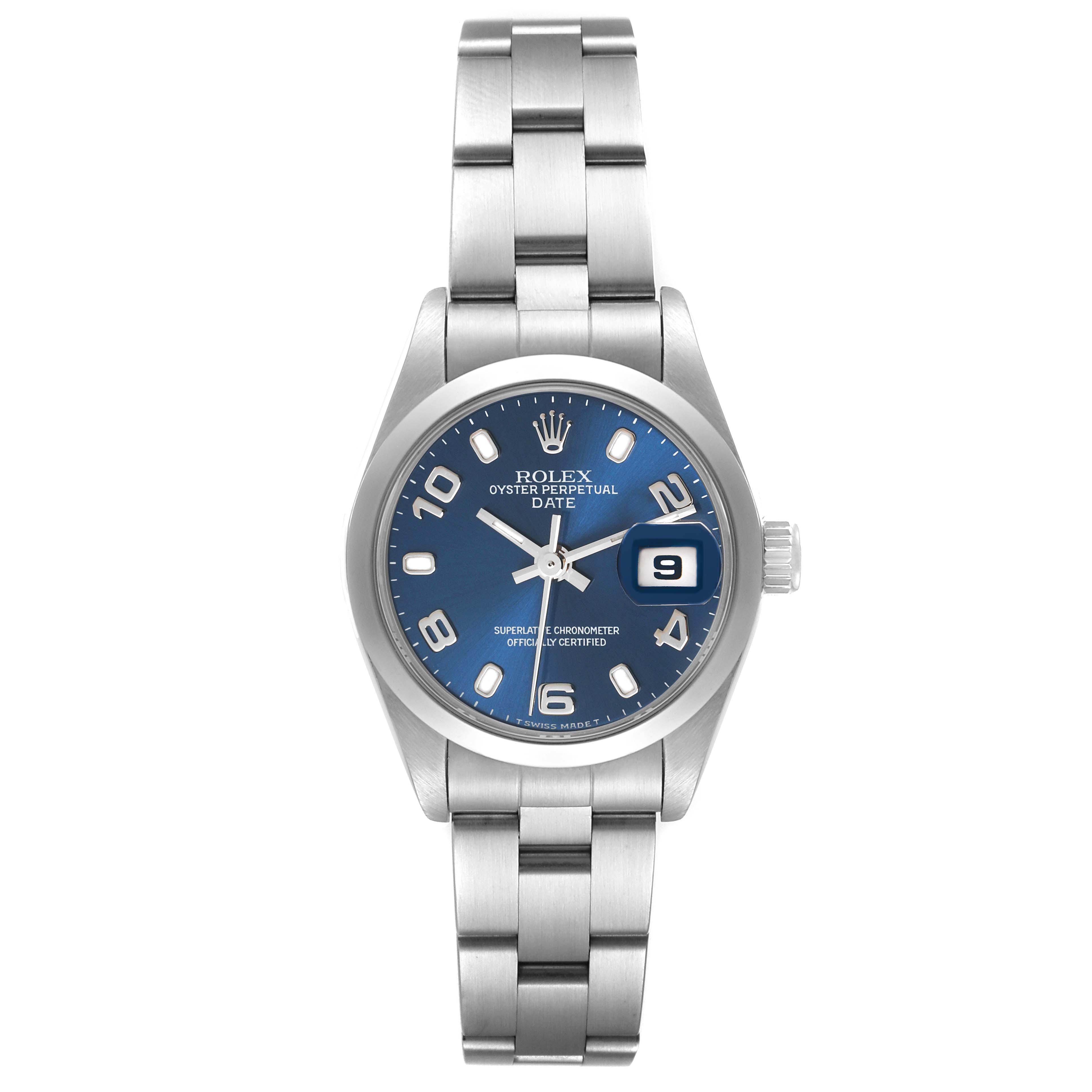This image shows a front view of a Rolex Date 69160 Women's Stainless Steel Blue Dial 69160 Women's Stainless Steel Blue Dial model watch with a blue dial and stainless steel bracelet.