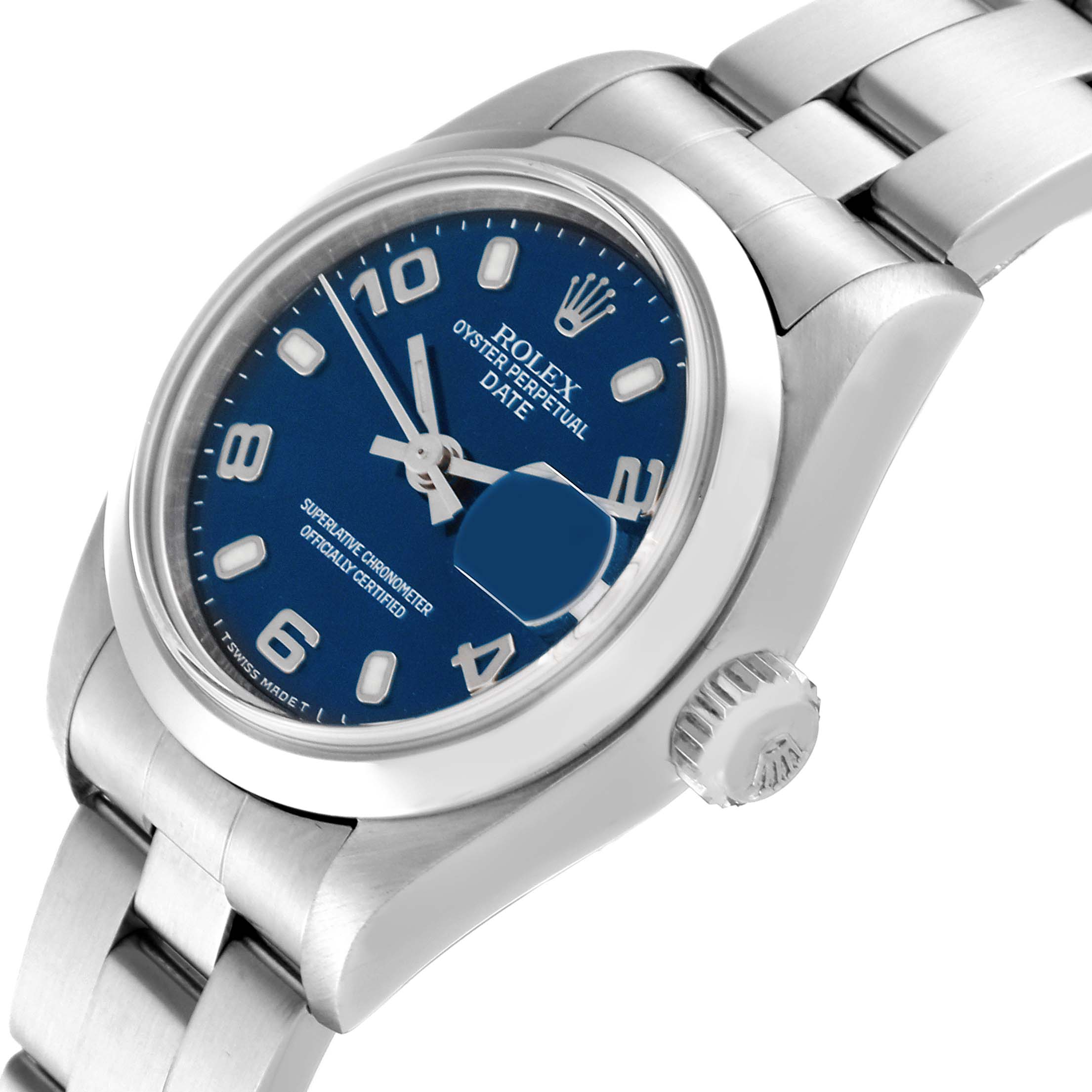 This image shows a side angle view of a Rolex Date 69160 Women's Stainless Steel Blue Dial 69160 Women's Stainless Steel Blue Dial model watch, highlighting its blue dial, case, crown, and bracelet.