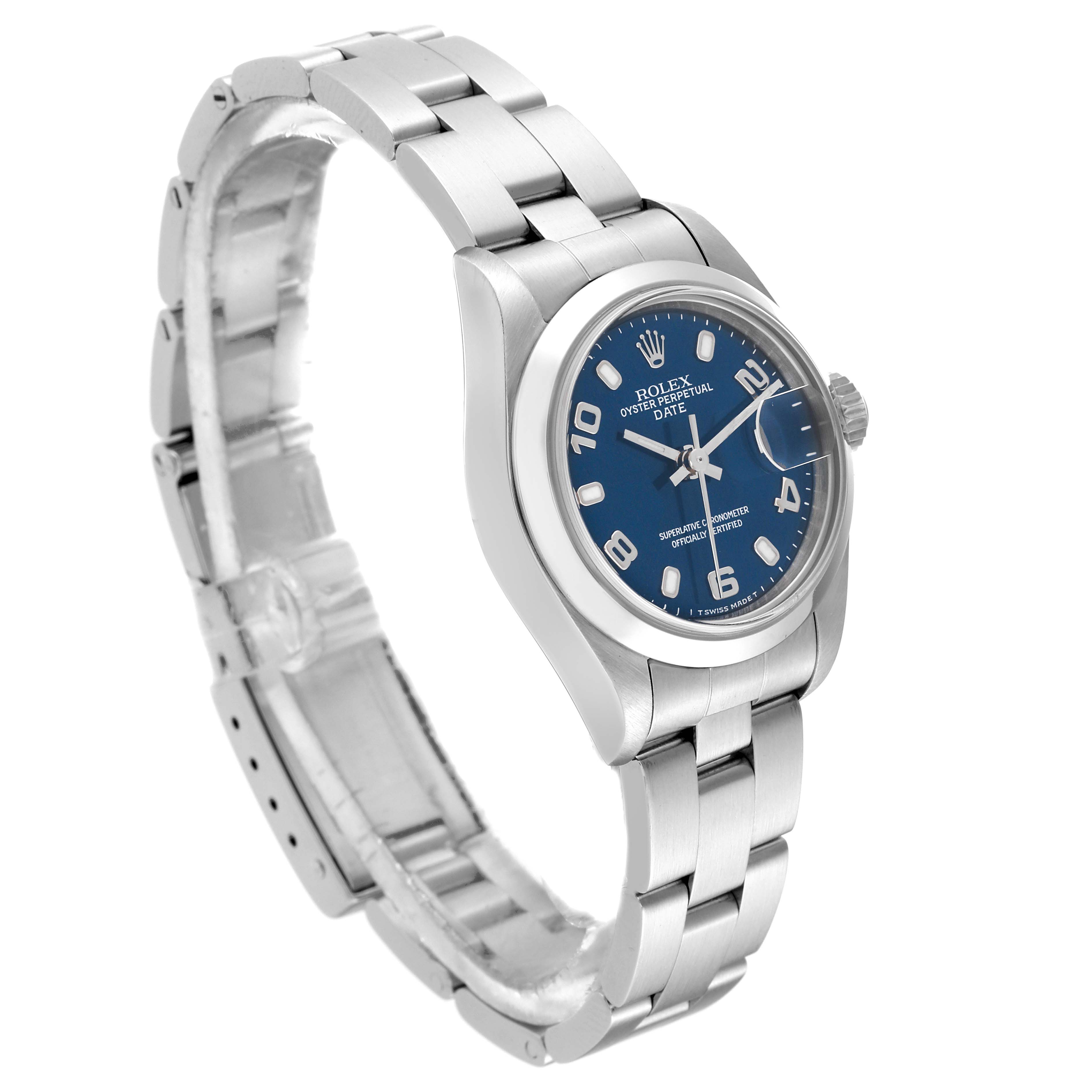 The Rolex Date 69160 Women's Stainless Steel Blue Dial 69160 Women's Stainless Steel Blue Dial model is shown at a three-quarter angle, revealing the watch face, bezel, crown, and bracelet.