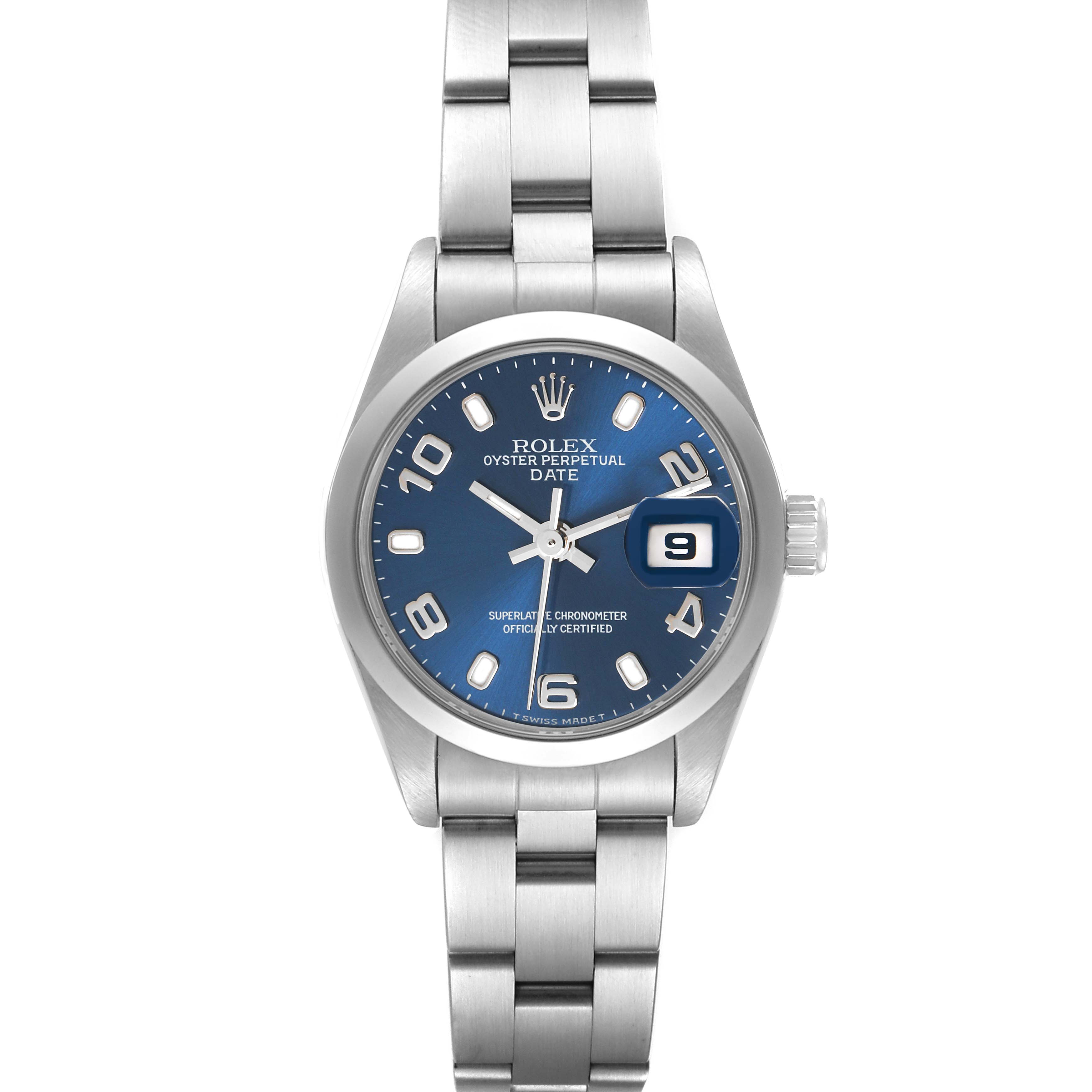 The image shows a frontal view of a Rolex Oyster Perpetual Date model watch with a blue dial and stainless steel bracelet.