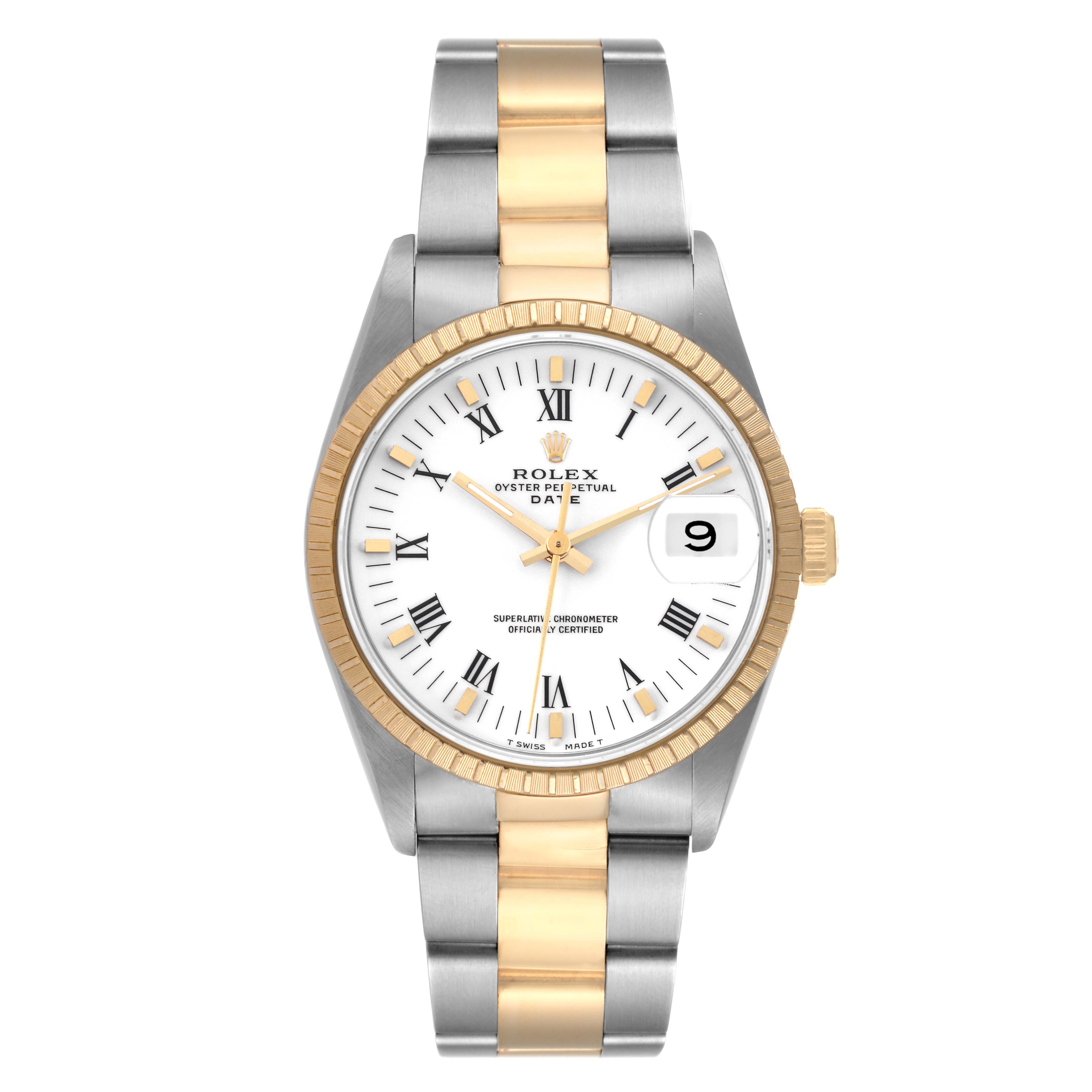 The image shows a frontal view of a Rolex Date 15223 Men's Steel and Gold (two tone) White Dial 15223 Men's Steel and Gold (two tone) White Dial model watch, highlighting the dial, bezel, and two-tone bracelet.