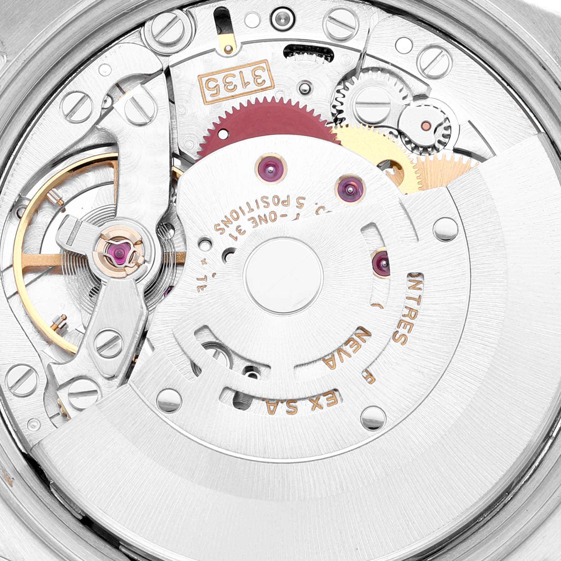 This image shows the internal mechanical movement of a Rolex Date 15223 Men's Steel and Gold (two tone) White Dial 15223 Men's Steel and Gold (two tone) White Dial model watch, viewed from the back.