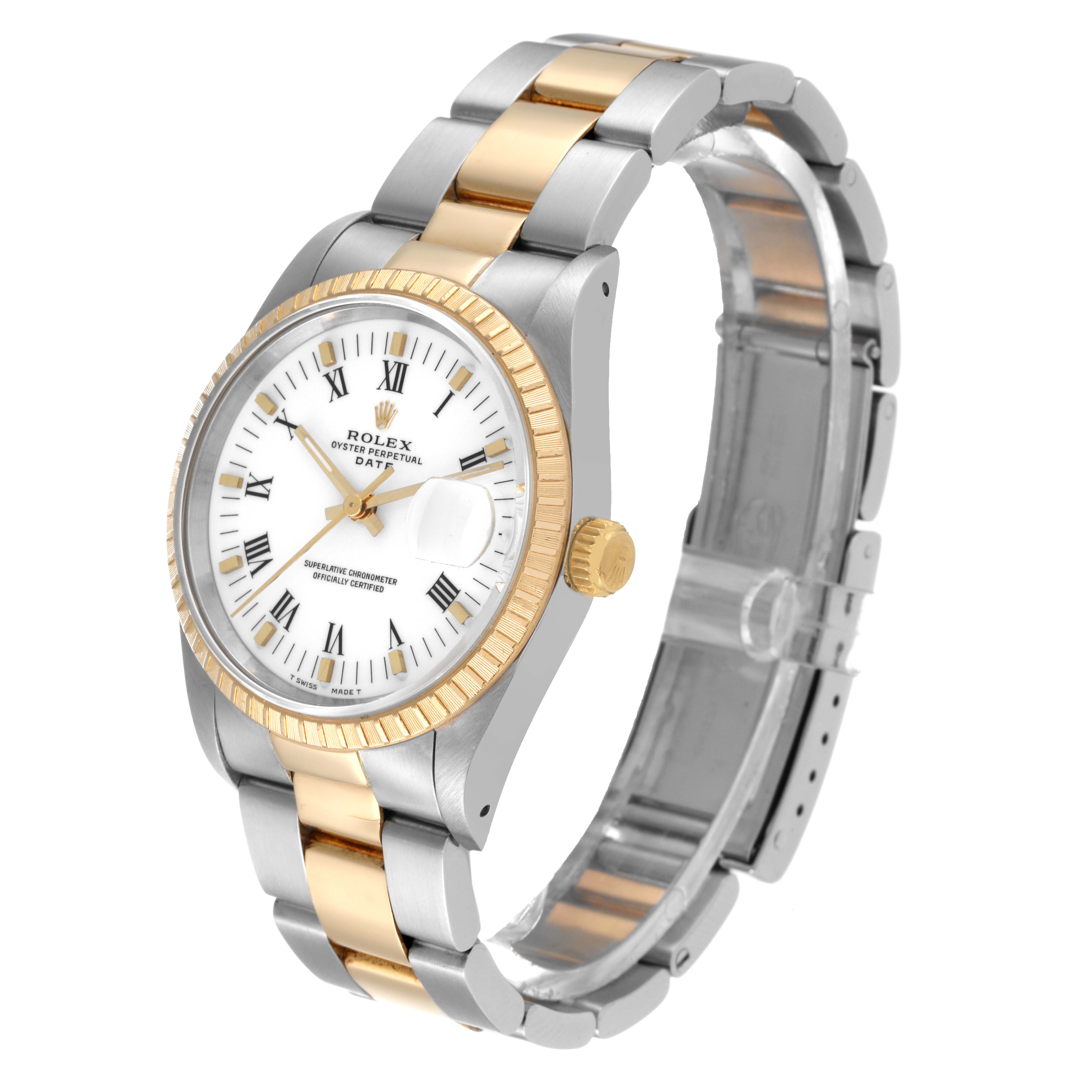 The image shows a Rolex Date 15223 Men's Steel and Gold (two tone) White Dial 15223 Men's Steel and Gold (two tone) White Dial model watch from an angled side view, highlighting its bezel, dial, and bracelet.