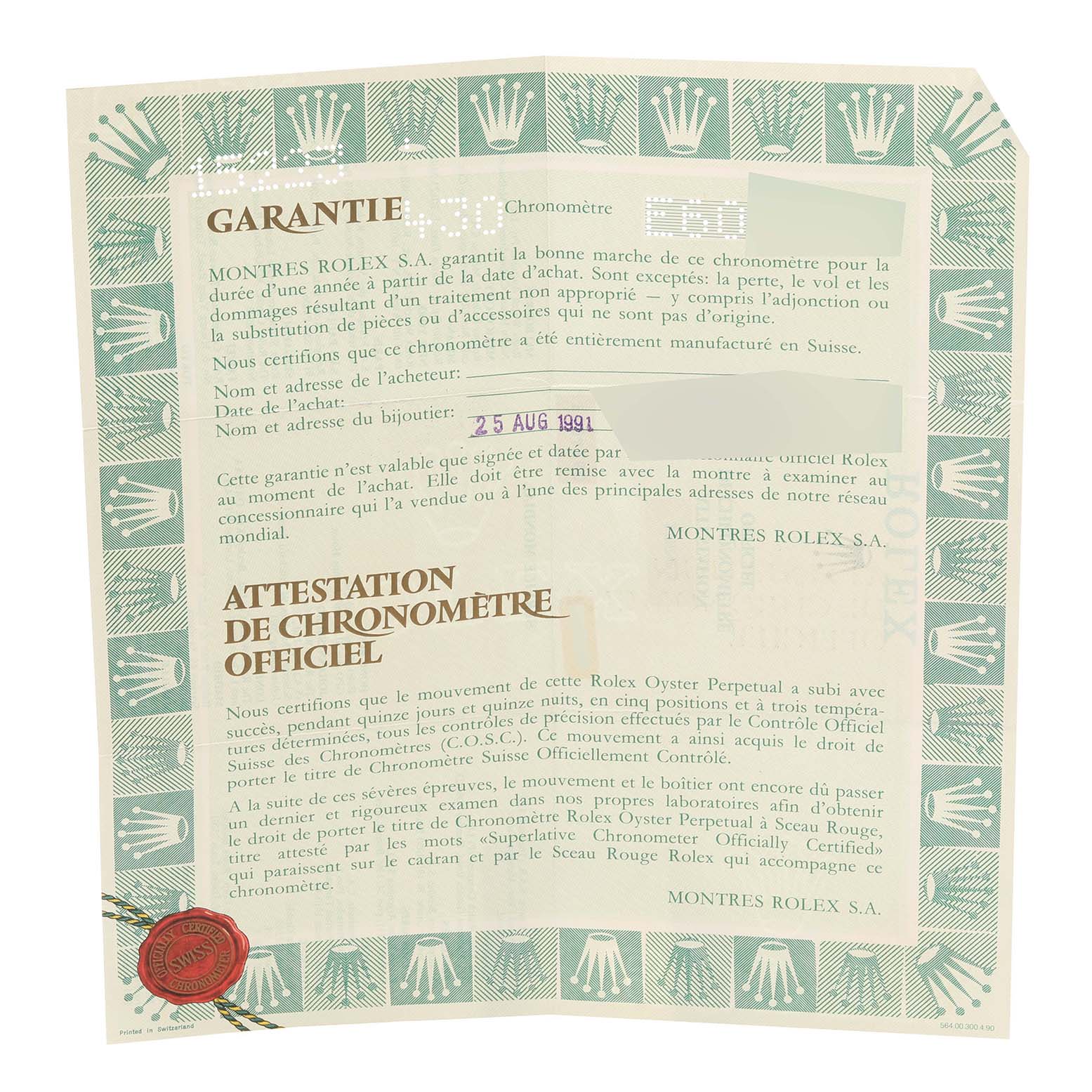 This image shows the warranty and chronometer certification paper for a Rolex Date 15223 Men's Steel and Gold (two tone) White Dial 15223 Men's Steel and Gold (two tone) White Dial model watch.