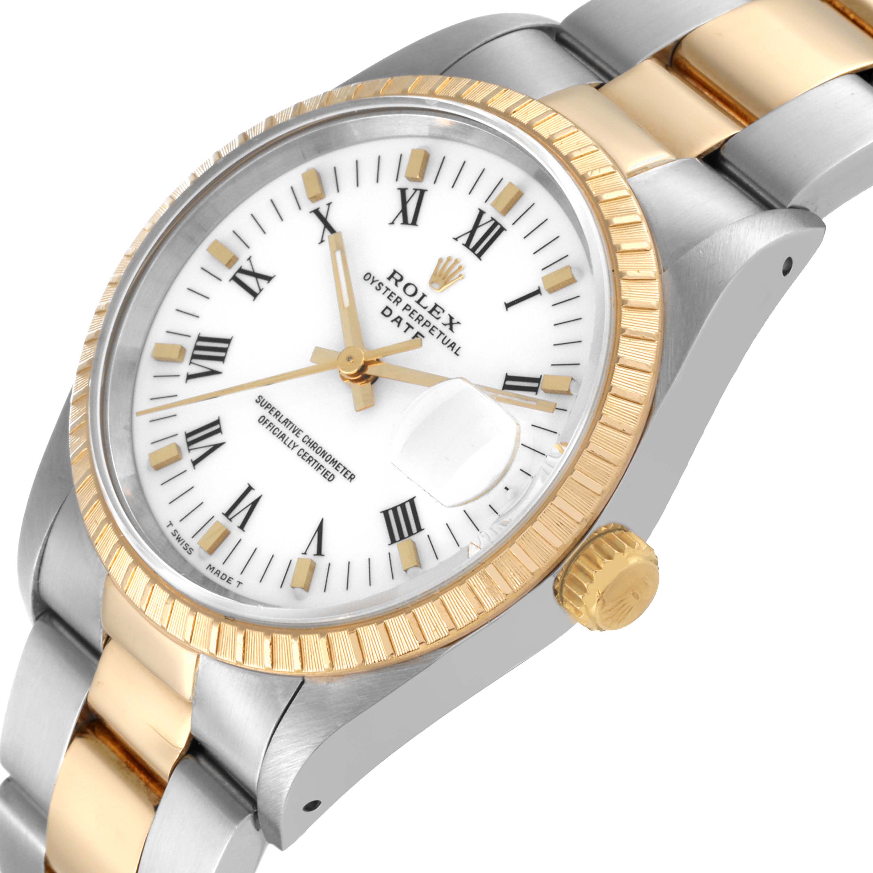 The image shows a side angle of a Rolex Date 15223 Men's Steel and Gold (two tone) White Dial 15223 Men's Steel and Gold (two tone) White Dial, highlighting the face, dial, bezel, crown, and part of the band.