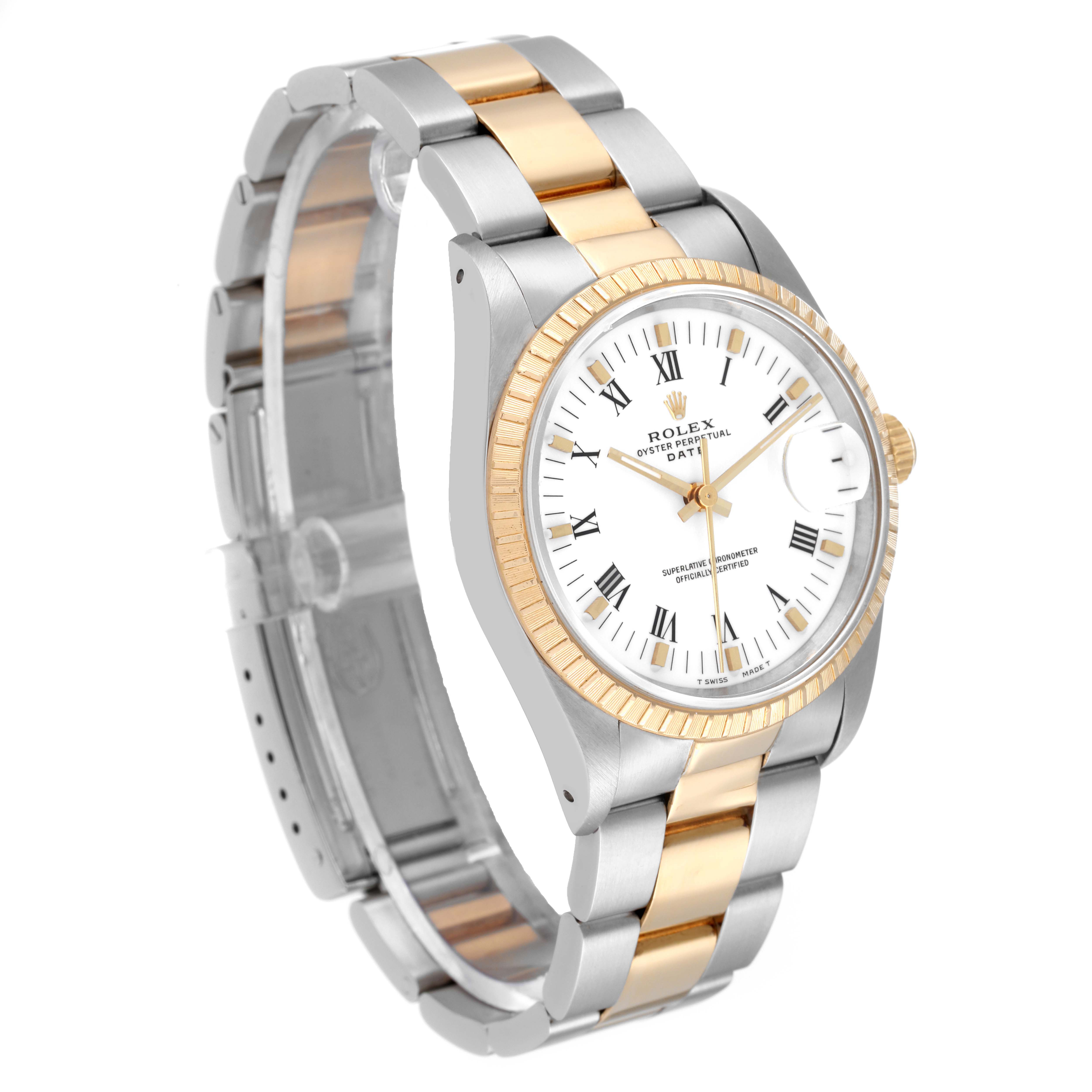 The image shows a side angle of the Rolex Date 15223 Men's Steel and Gold (two tone) White Dial 15223 Men's Steel and Gold (two tone) White Dial watch, highlighting the two-tone bracelet, fluted bezel, and white dial with Roman numerals.
